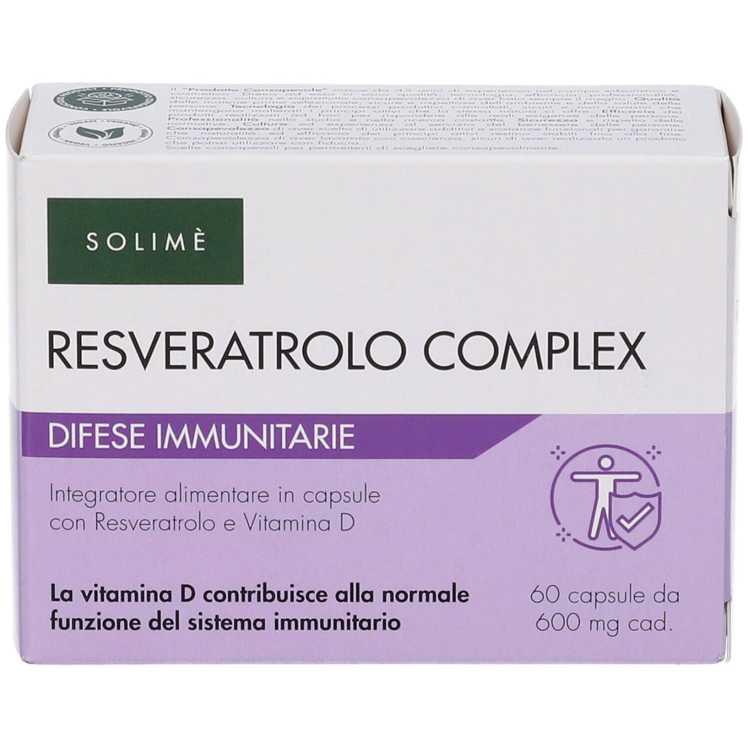 Scatola bianca con "Resveratrolo Complex" e "60 capsule". Logo Solimè.
