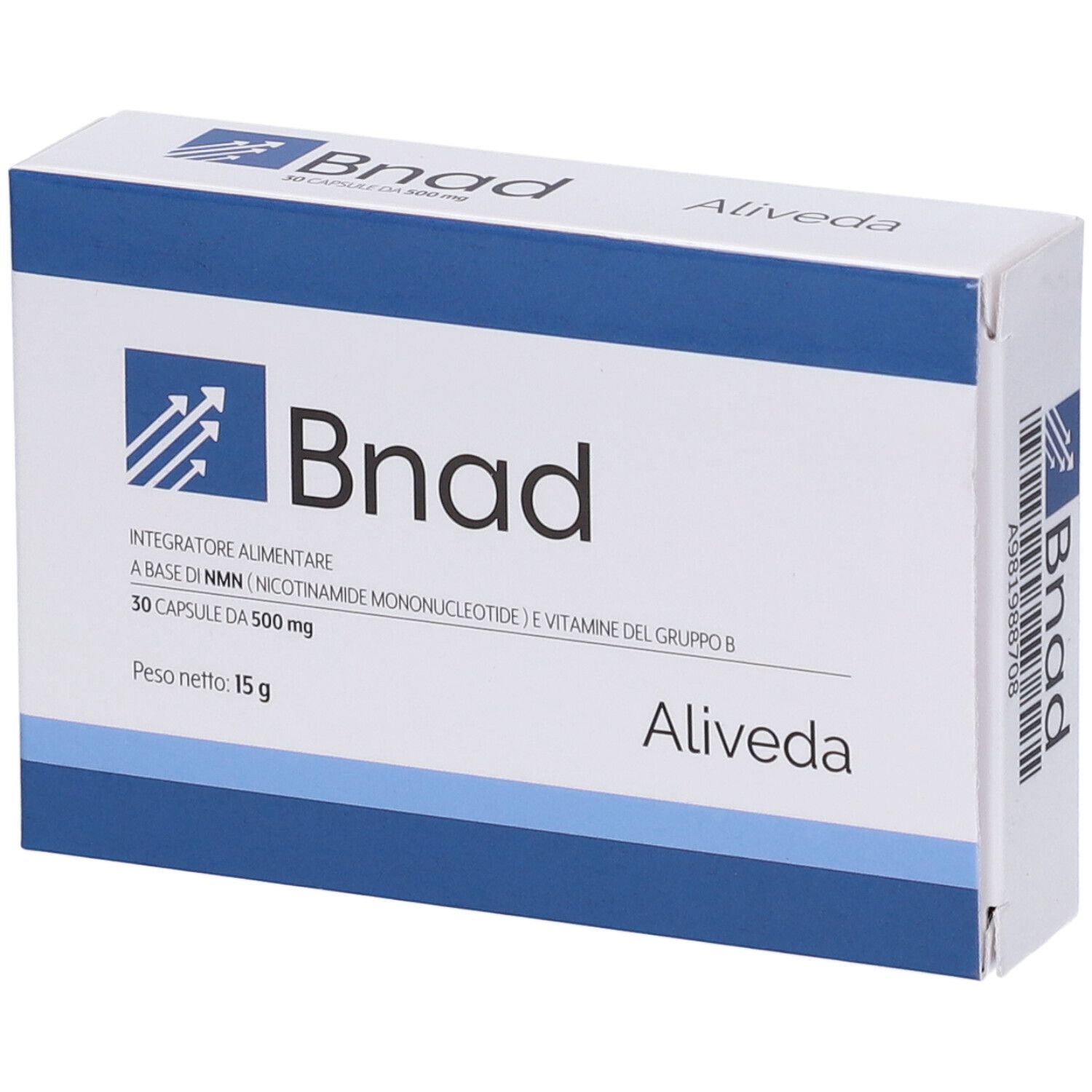 Scatola bianca con logo "Bnad" e fascia blu. Contiene 30 capsule. Marchio: Aliveda.