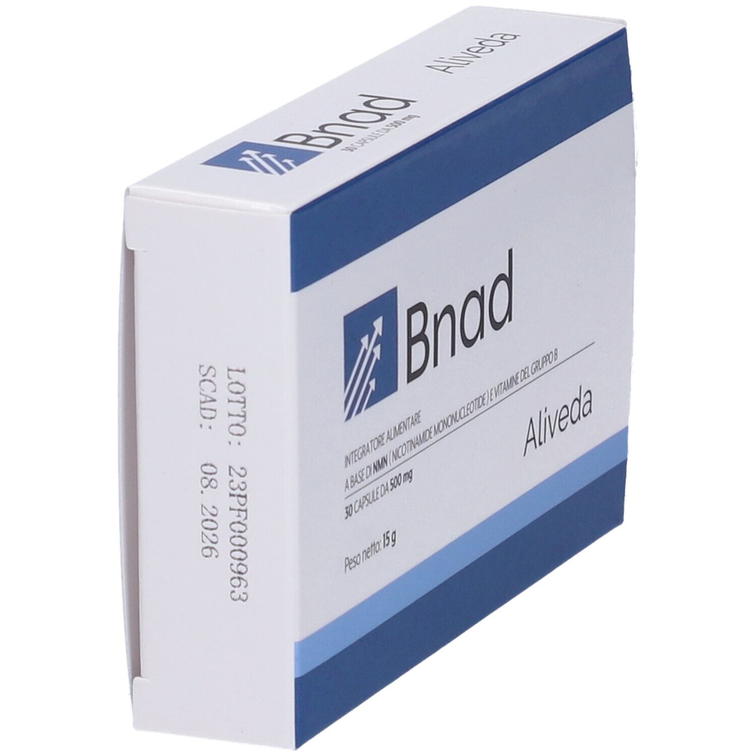 Scatola con logo "Bnad" e testo. Contiene 30 capsule. Marchio: Aliveda. Numero di lotto sul retro.