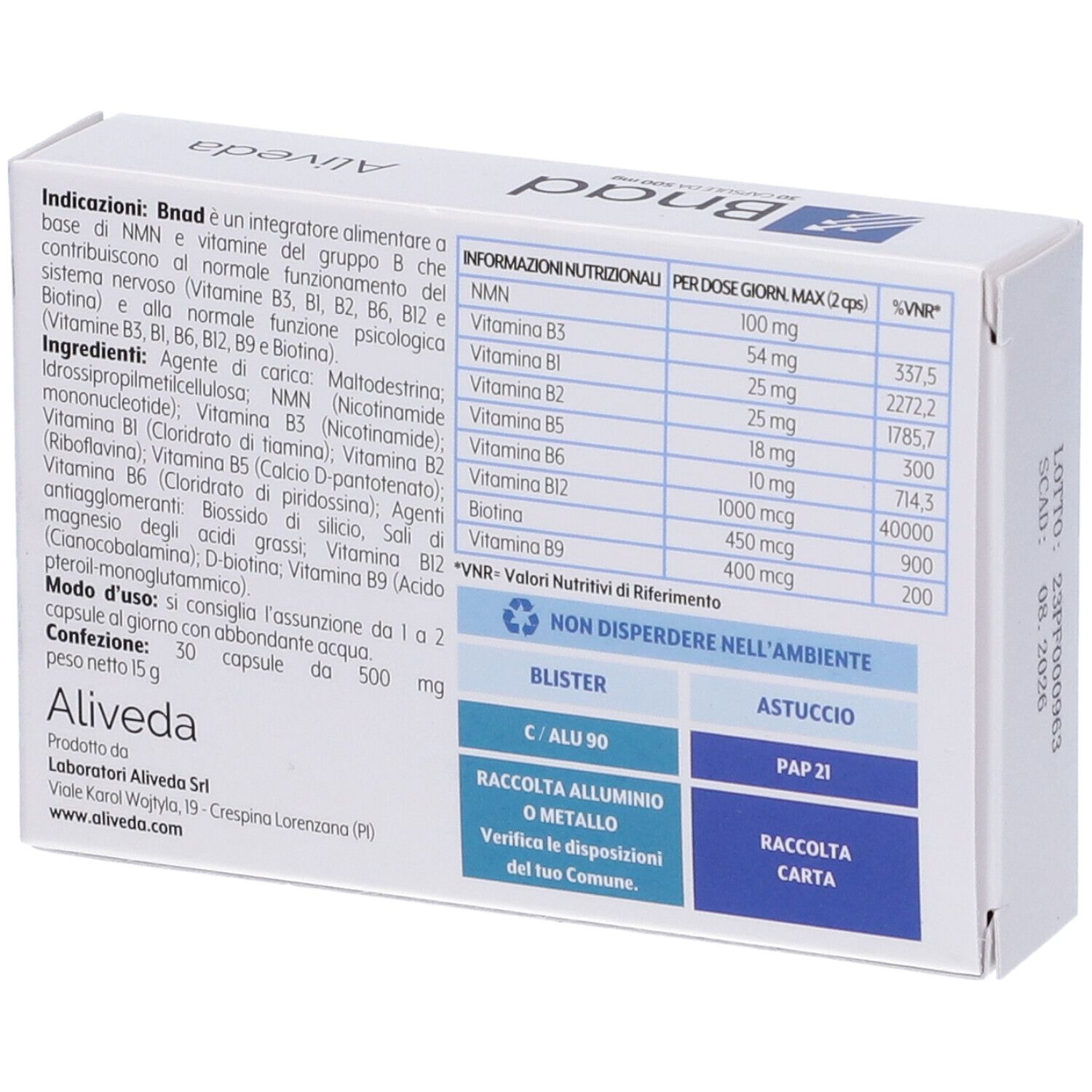 Retro della confezione "Bnad". Contiene informazioni sugli ingredienti e i valori nutrizionali. Marchio: Aliveda.