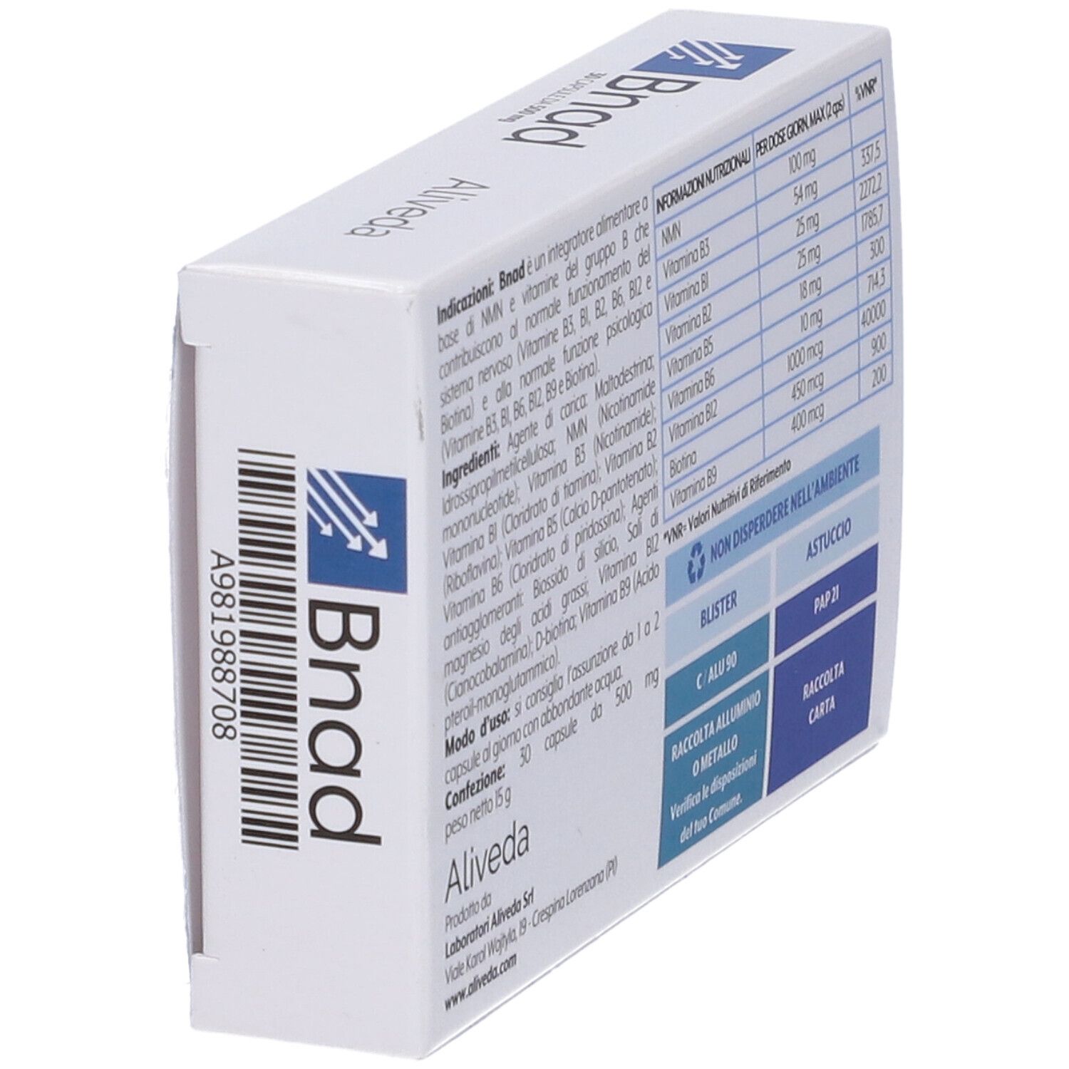 Scatola con logo "Bnad" e testo. Contiene 30 capsule. Marchio: Aliveda. Codice a barre sul lato.