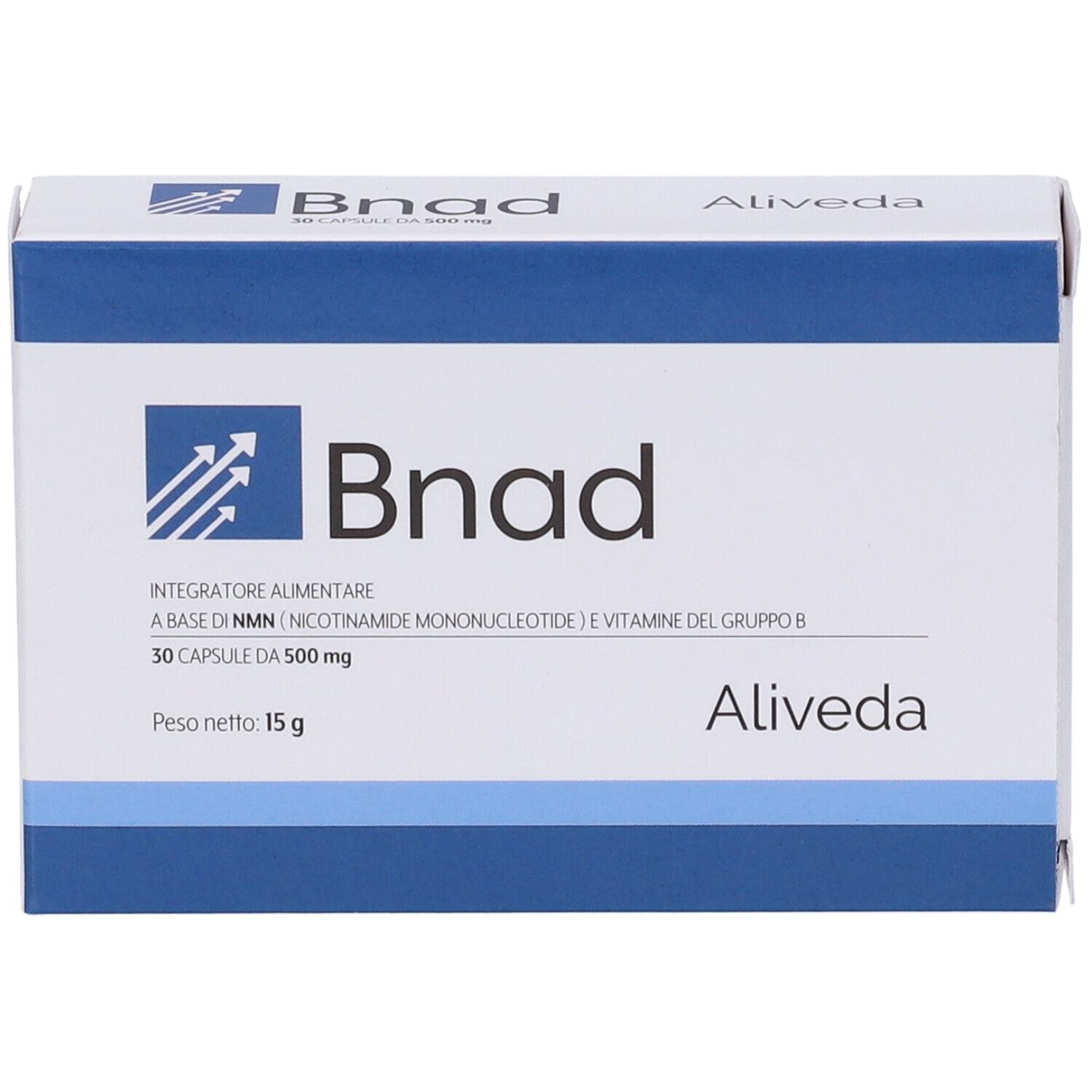 Scatola bianca con logo "Bnad" e fascia blu. Contiene 30 capsule. Marchio: Aliveda.