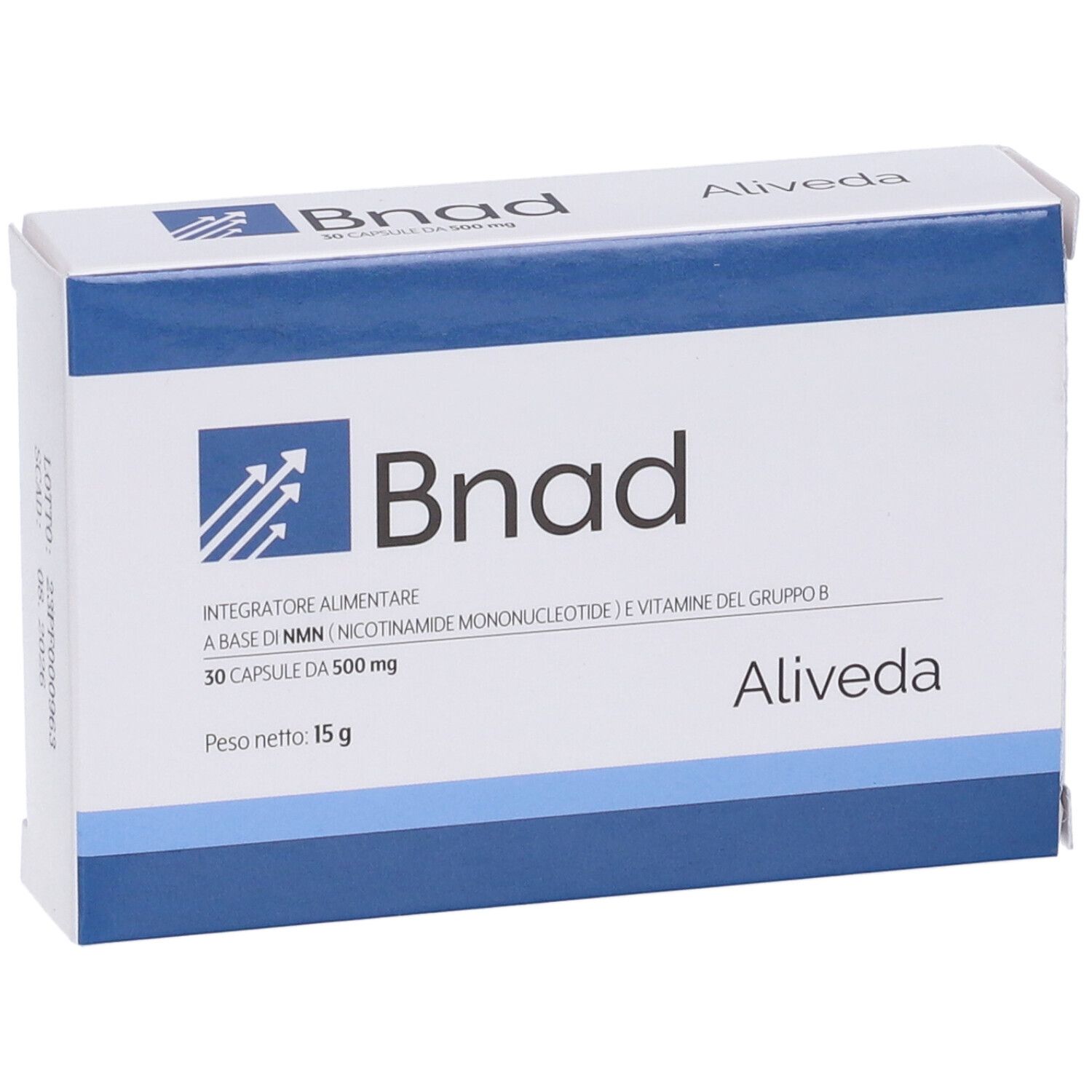 Scatola bianca con logo "Bnad" e fascia blu. Contiene 30 capsule. Marchio: Aliveda.