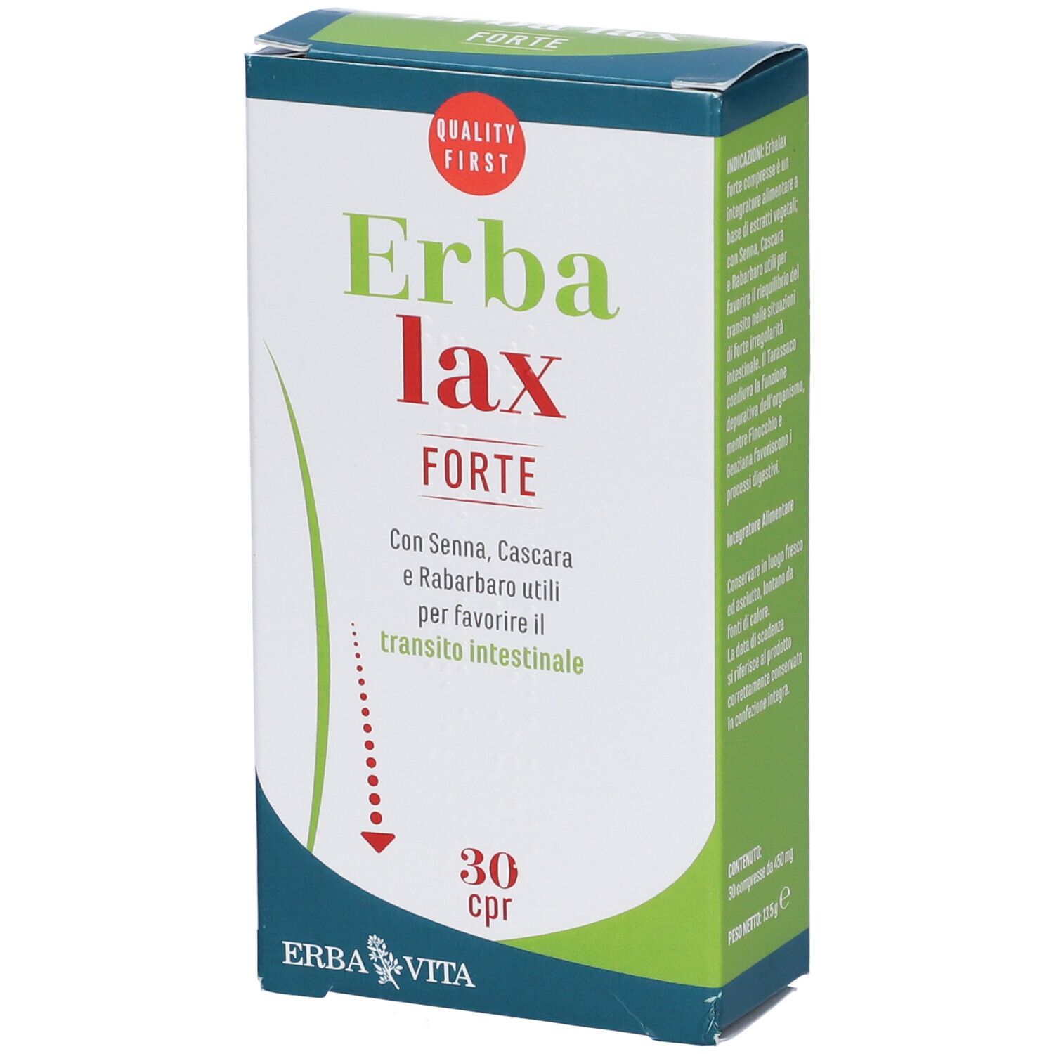 Confezione di Erbalax Forte. Scatola verde e bianca con nome del prodotto e informazioni. 30 compresse.