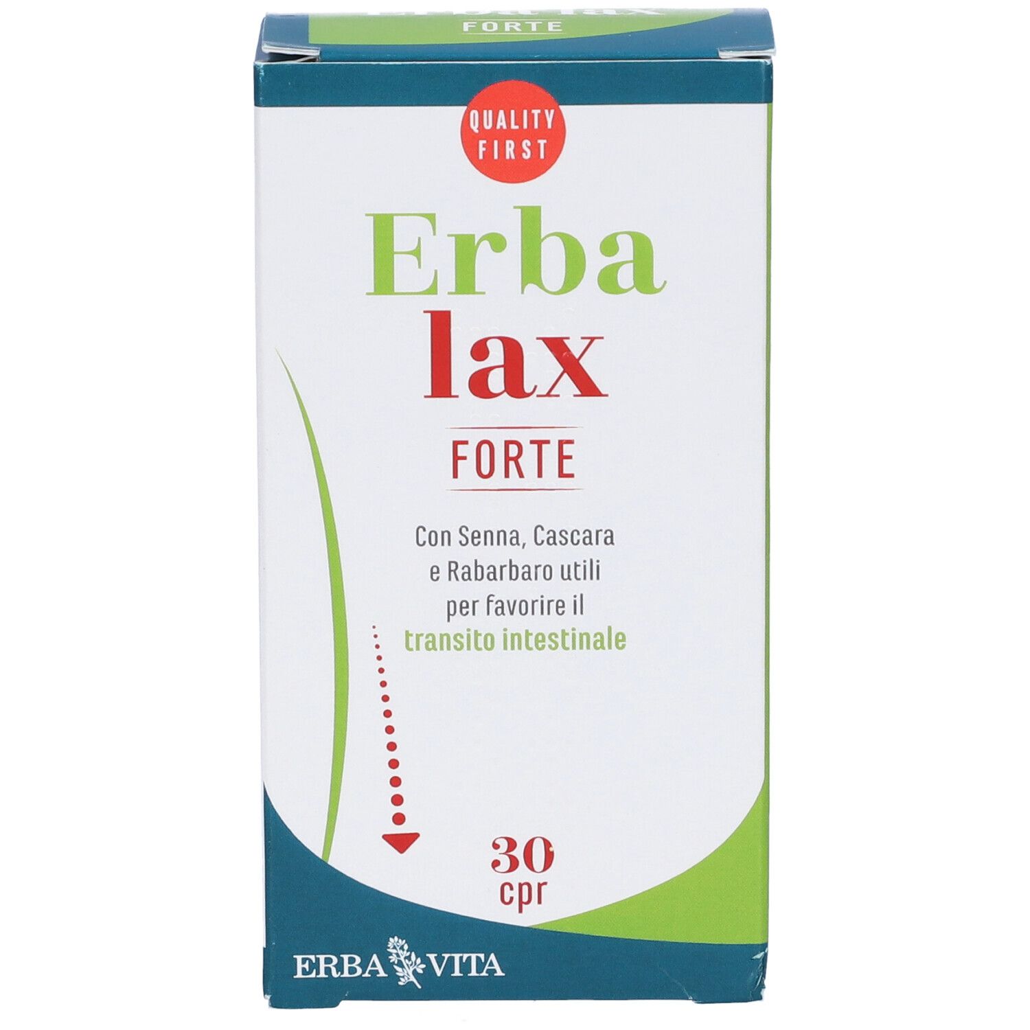 Confezione di Erbalax Forte. Scatola verde e bianca con nome del prodotto e informazioni. 30 compresse.