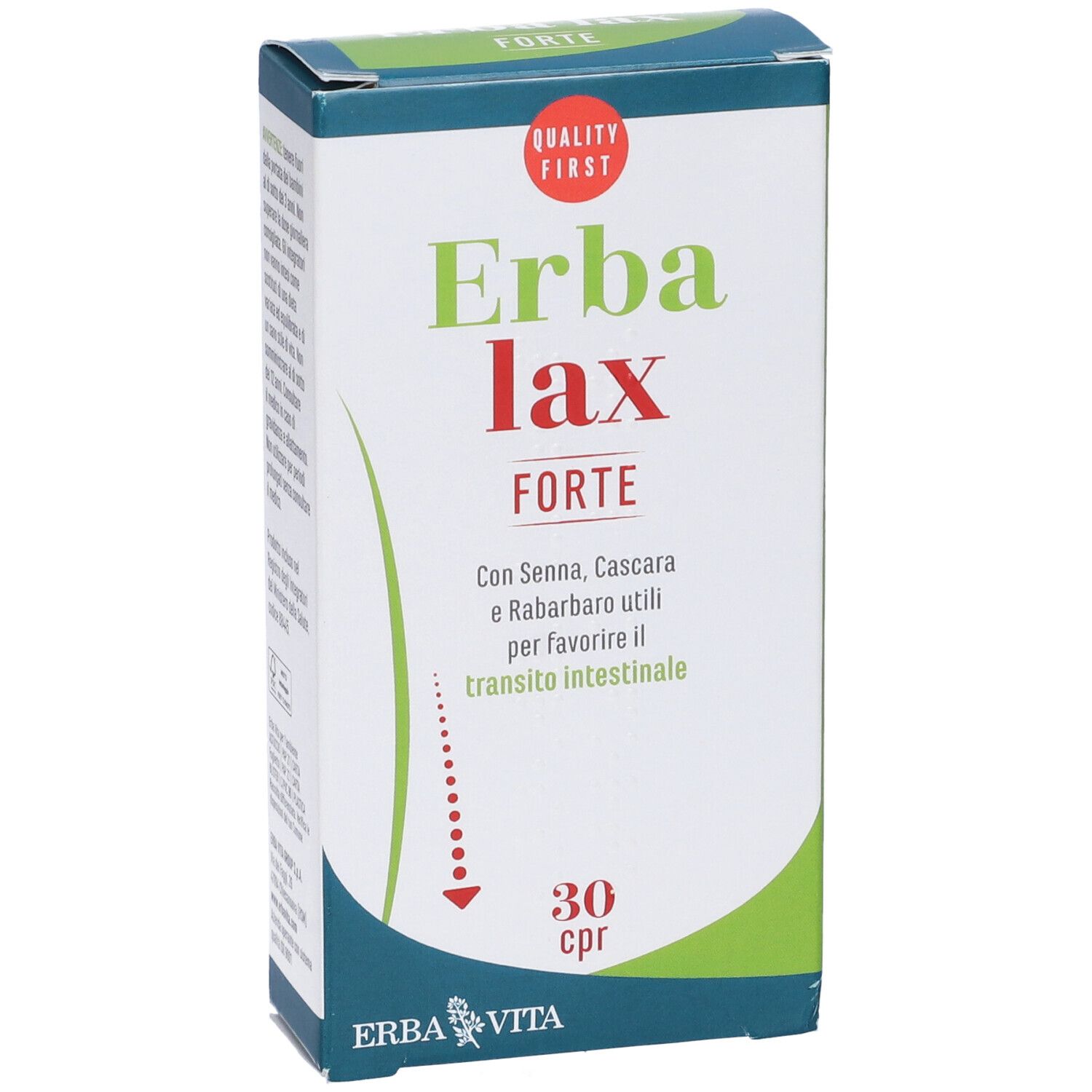 Confezione di Erbalax Forte. Scatola verde e bianca con nome del prodotto e informazioni. 30 compresse.