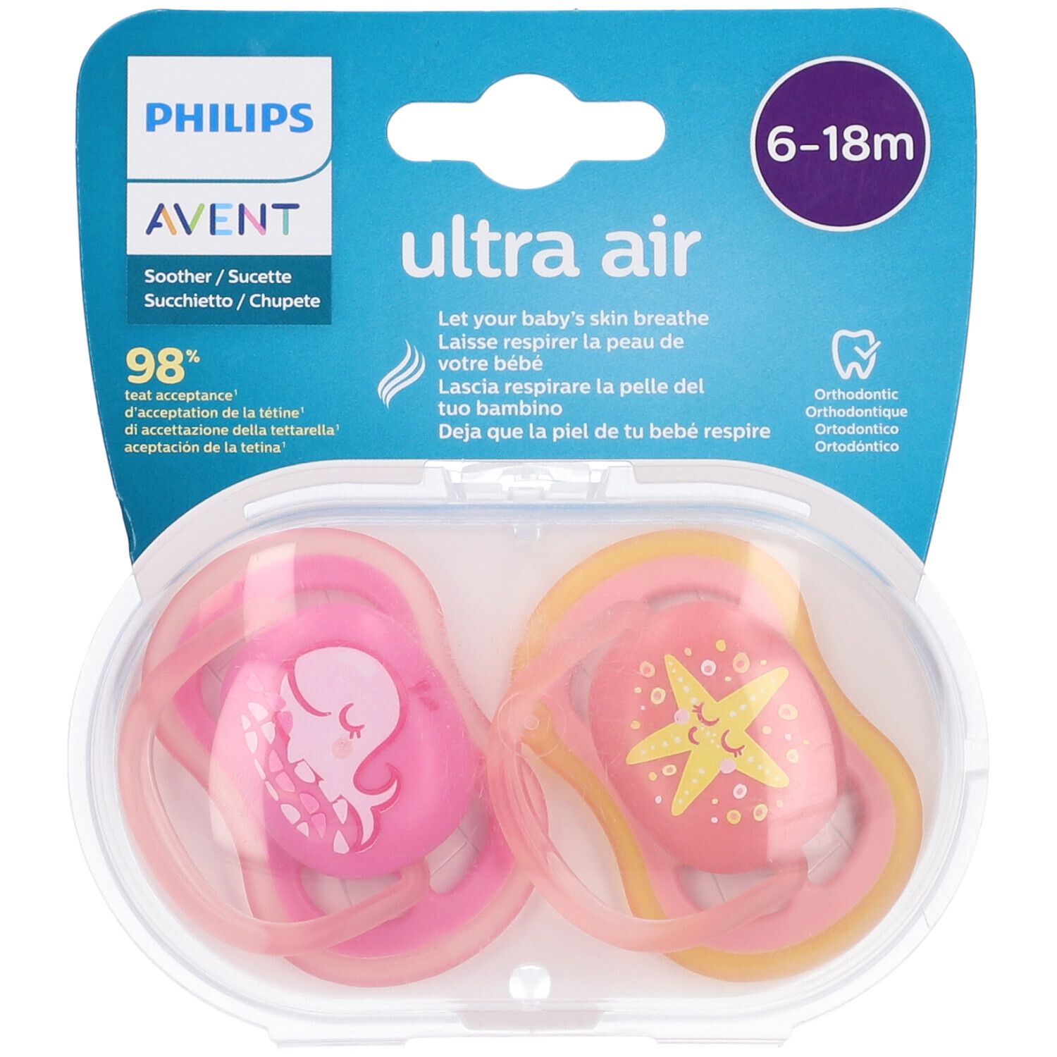 Avent Ultra Air Succhietto Balena/Stella Femmina 6-18 Mesi 2 Pezzi 2 pz