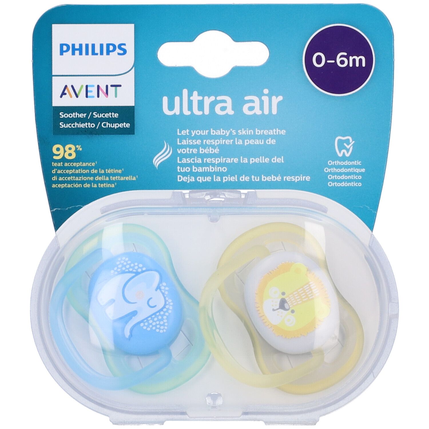 Avent Ultra Air Succhietto Elefante/Leone Maschio 0-6 Mesi 2 Pezzi