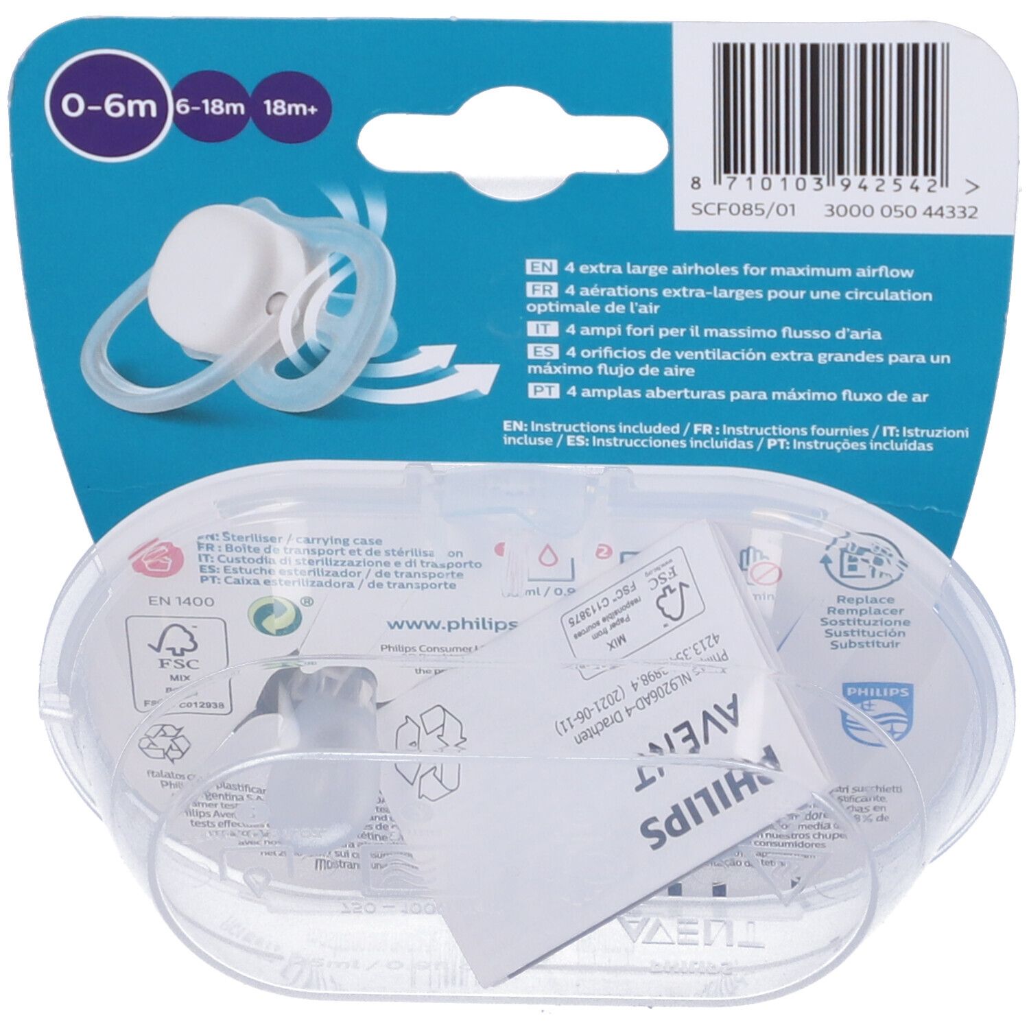 Retro della confezione con un succhietto nella custodia trasparente. Informazioni testuali e codice a barre visibili.