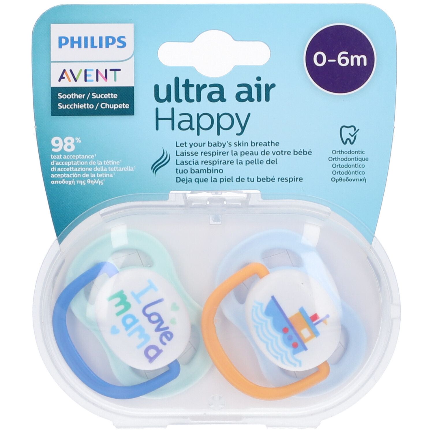 Avent Ultra Air Succhietto Mama/Boat Maschio 0-6 Mesi 2 Pezzi