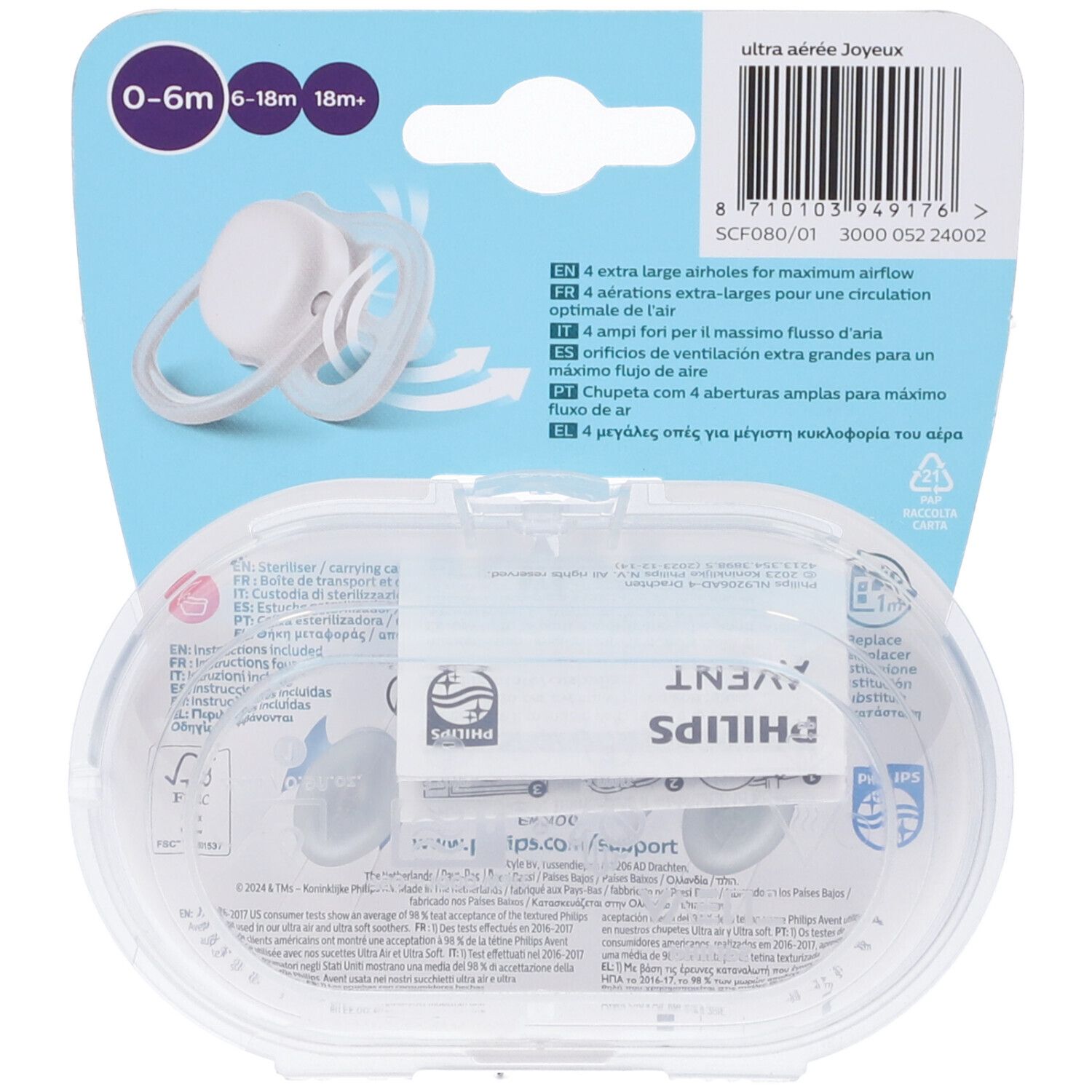 Retro della confezione con due succhietti in una scatola trasparente. Testo e loghi. Età: 0-6 mesi, 6-18 mesi, 18+ mesi.