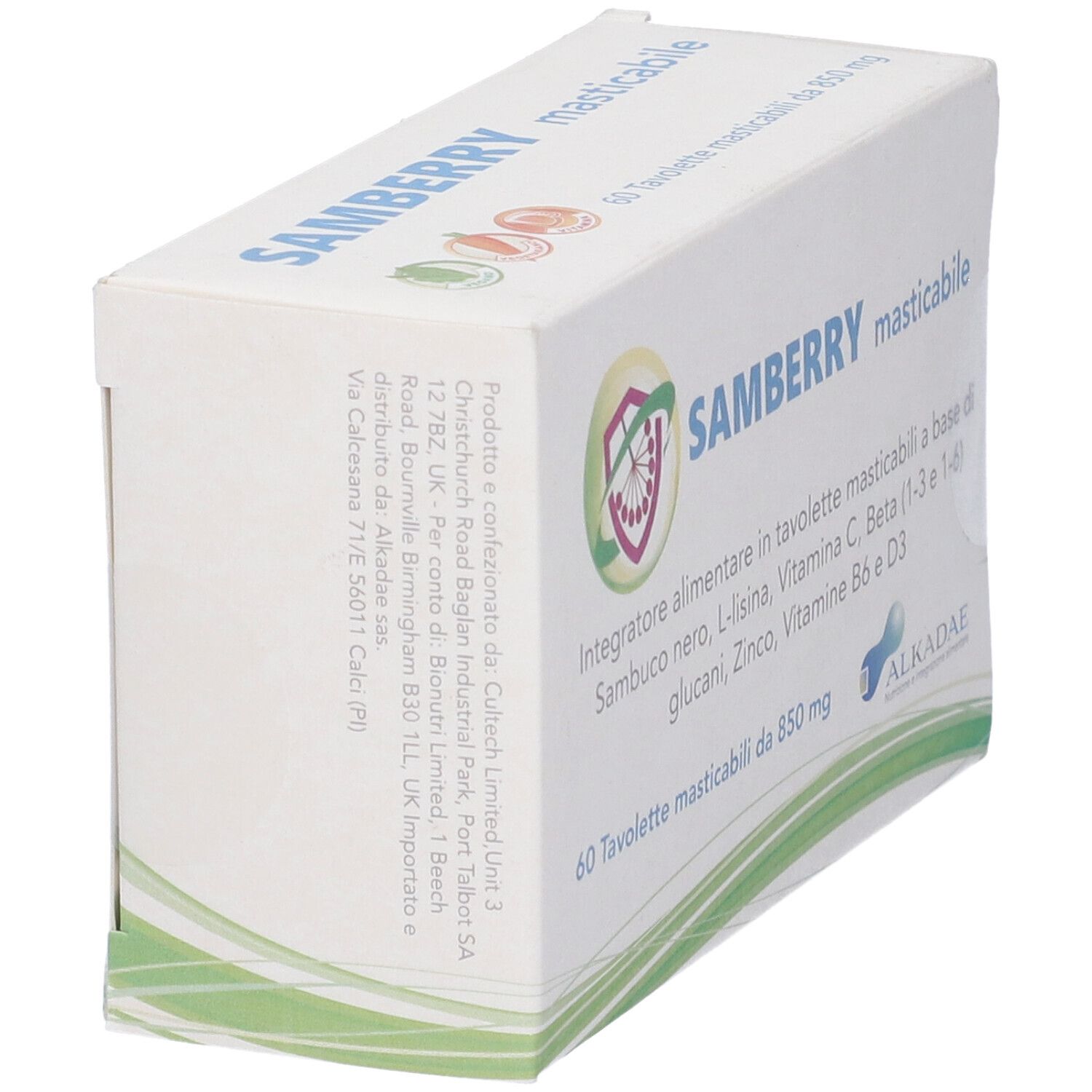 Scatola "SAMBERRY masticabile" con logo. Contiene 60 compresse. Testo in italiano.