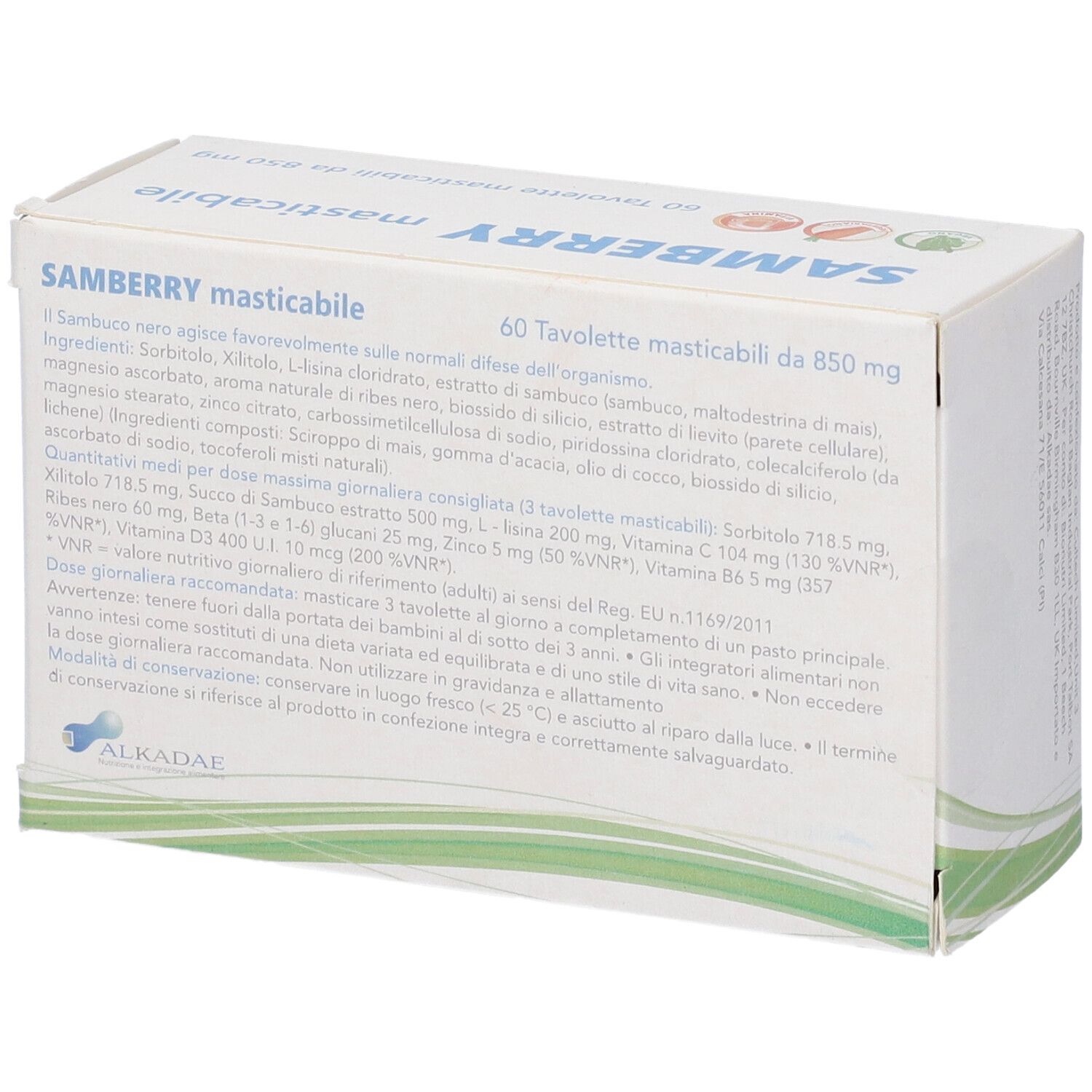 Retro della scatola "SAMBERRY masticabile". Testo in italiano. Contiene ingredienti e informazioni.