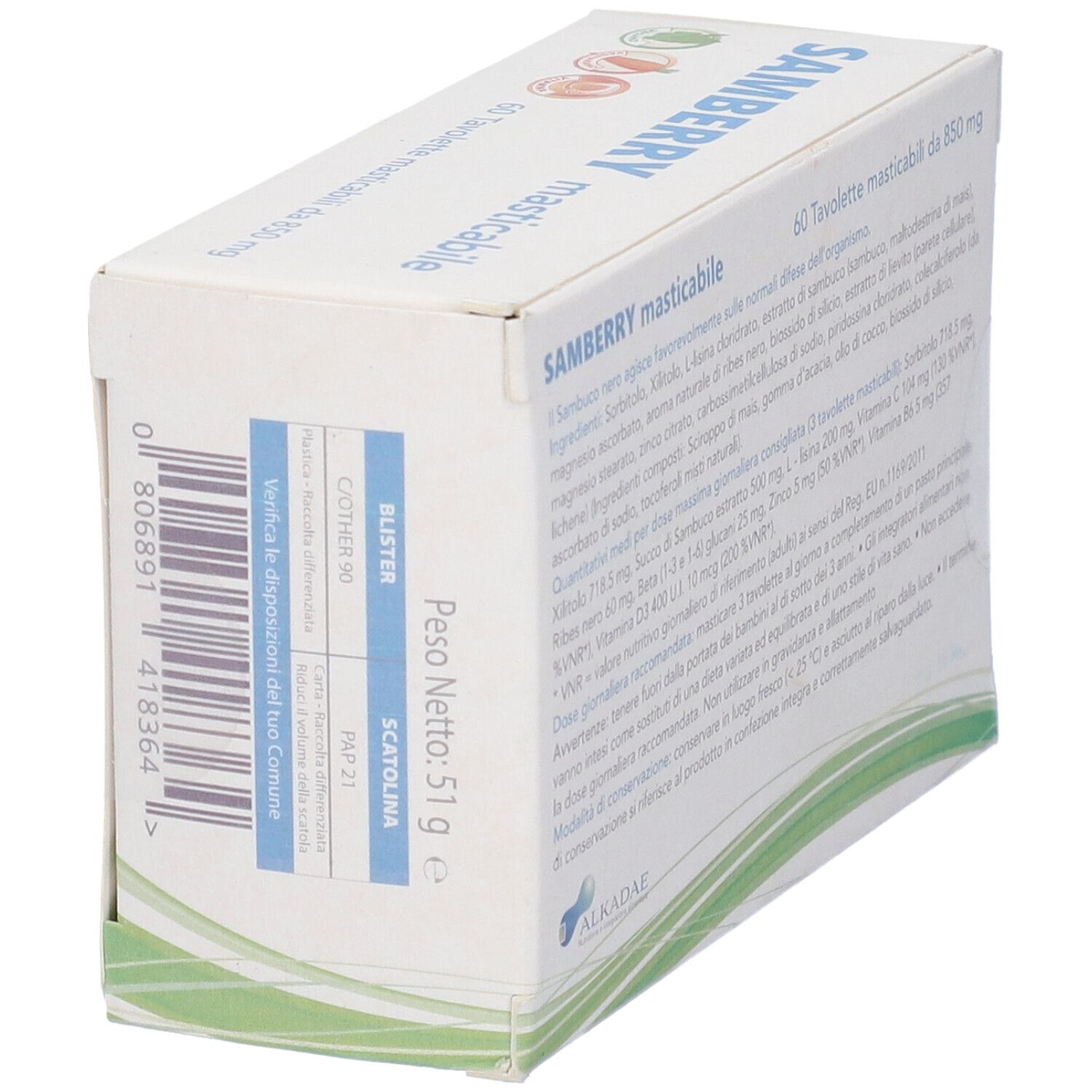 Lato della scatola "SAMBERRY masticabile". Testo in italiano. Contiene informazioni e codice a barre.