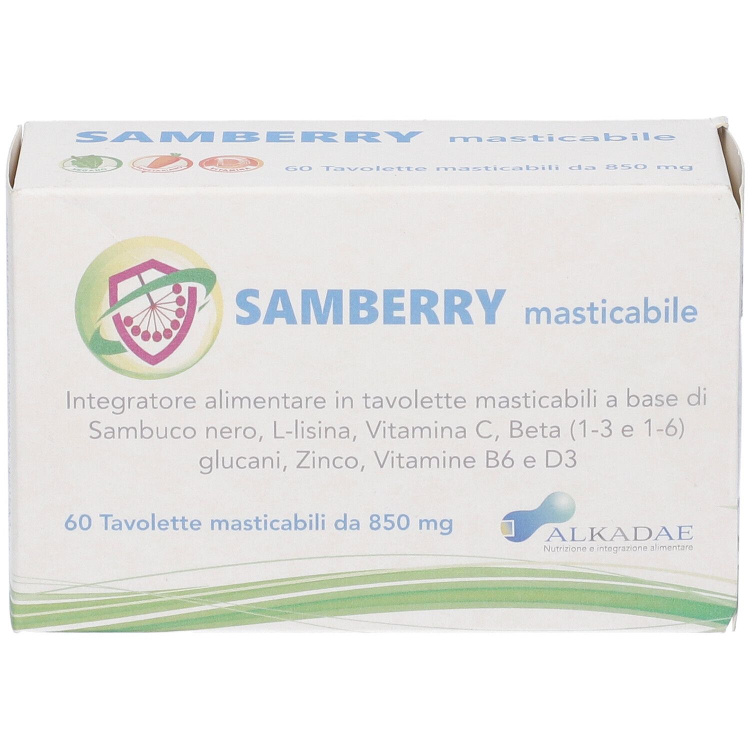 Scatola "SAMBERRY masticabile" con logo. Contiene 60 compresse. Testo in italiano.