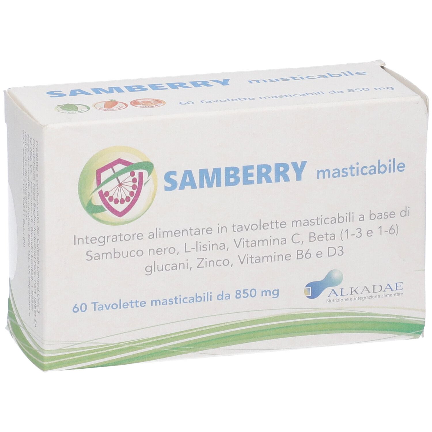 Scatola "SAMBERRY masticabile" con logo. Contiene 60 compresse. Testo in italiano.
