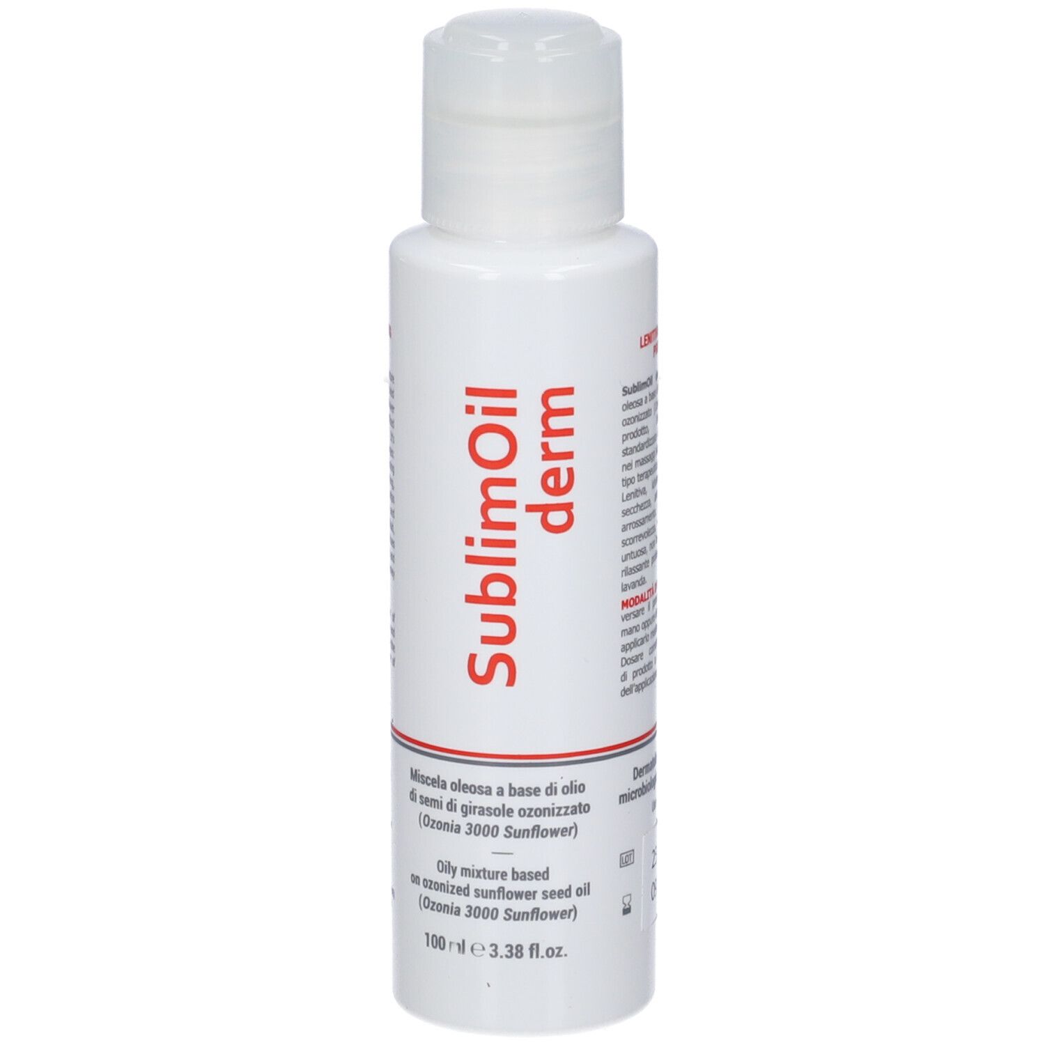 Piccolo flacone bianco con scritta rossa SublimOil derm. Miscela oleosa.