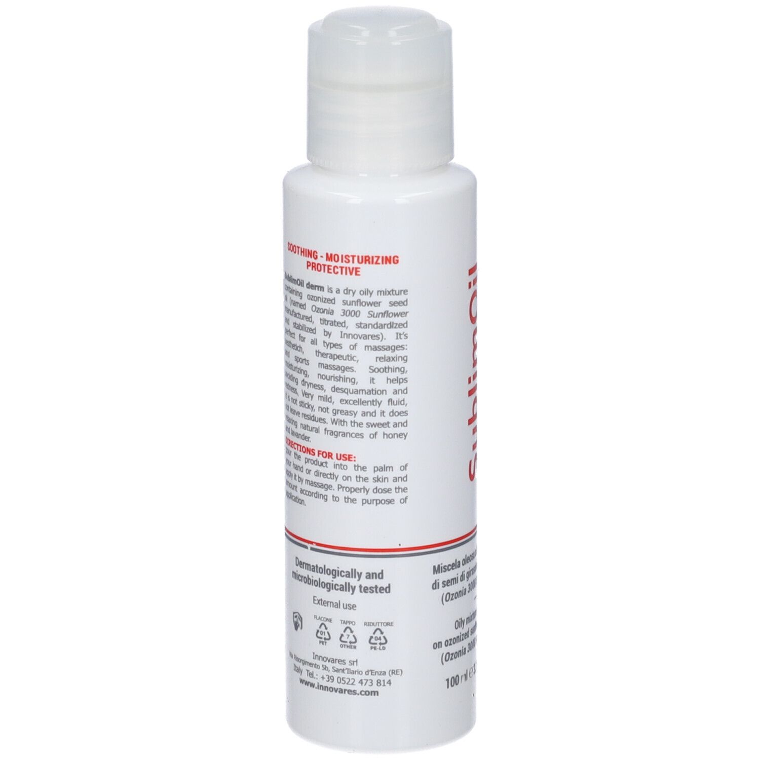 Piccolo flacone bianco con scritta rossa SublimOil derm. Testo sul retro.