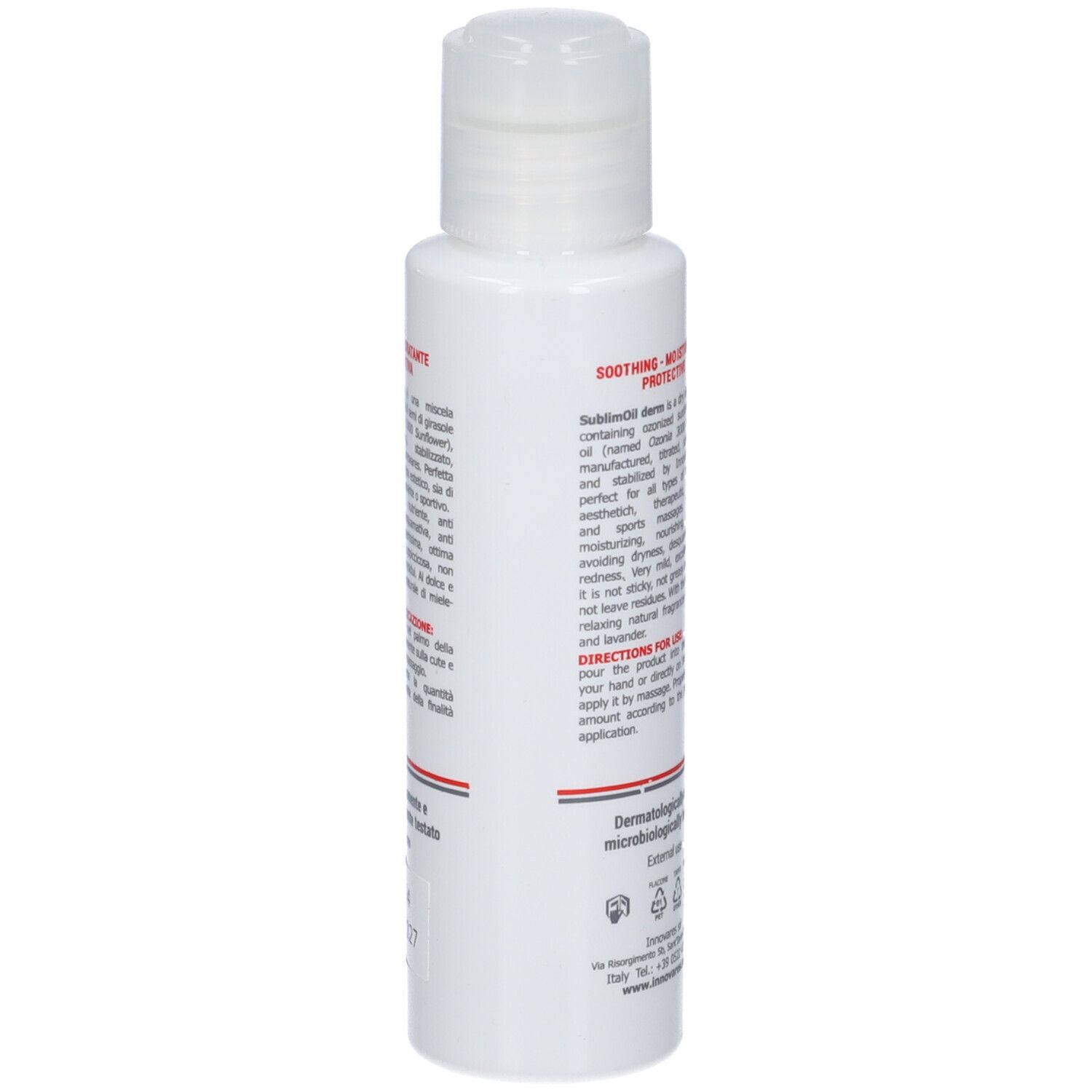 Piccolo flacone bianco con scritta rossa SublimOil derm. Testo sul retro.