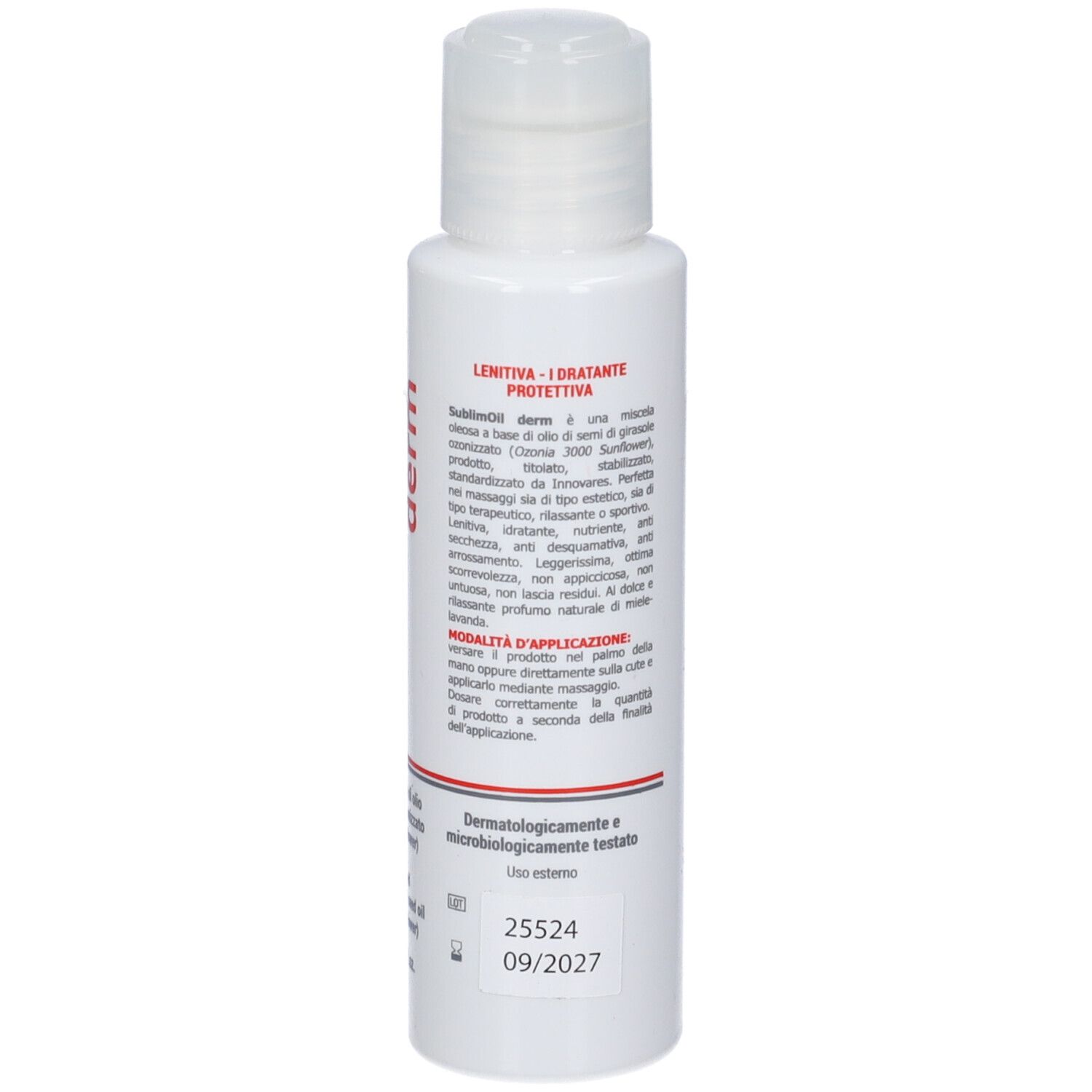 Piccolo flacone bianco con scritta rossa SublimOil derm. Testo sul retro.