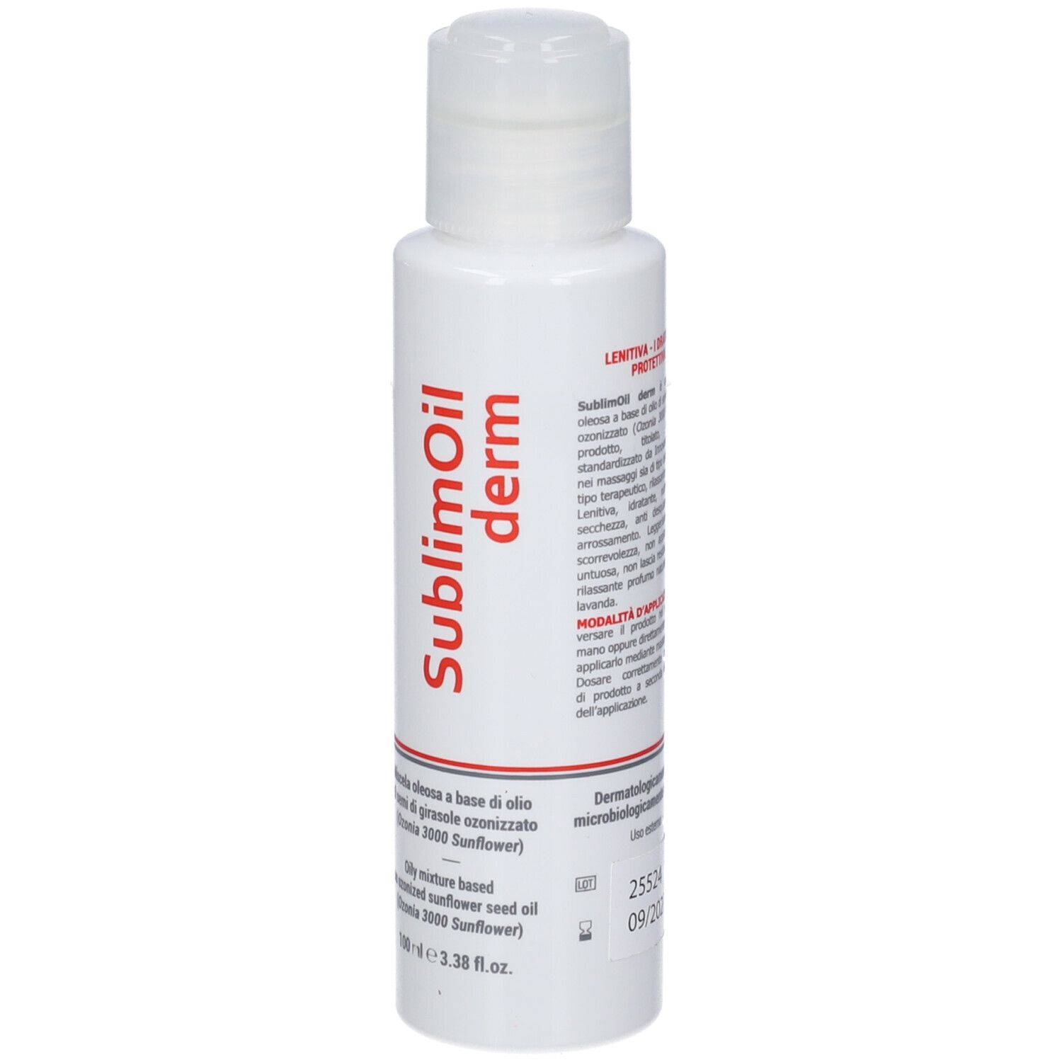 Piccolo flacone bianco con scritta rossa SublimOil derm. Testo sul retro.