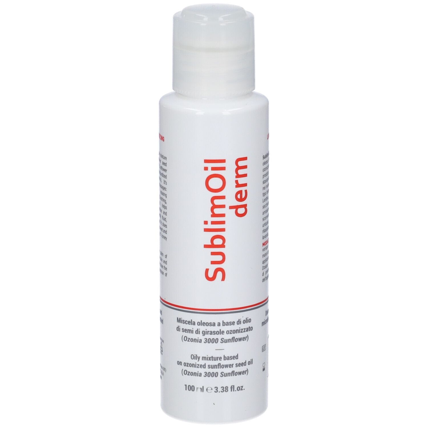 Piccolo flacone bianco con scritta rossa SublimOil derm. Testo sul fronte.