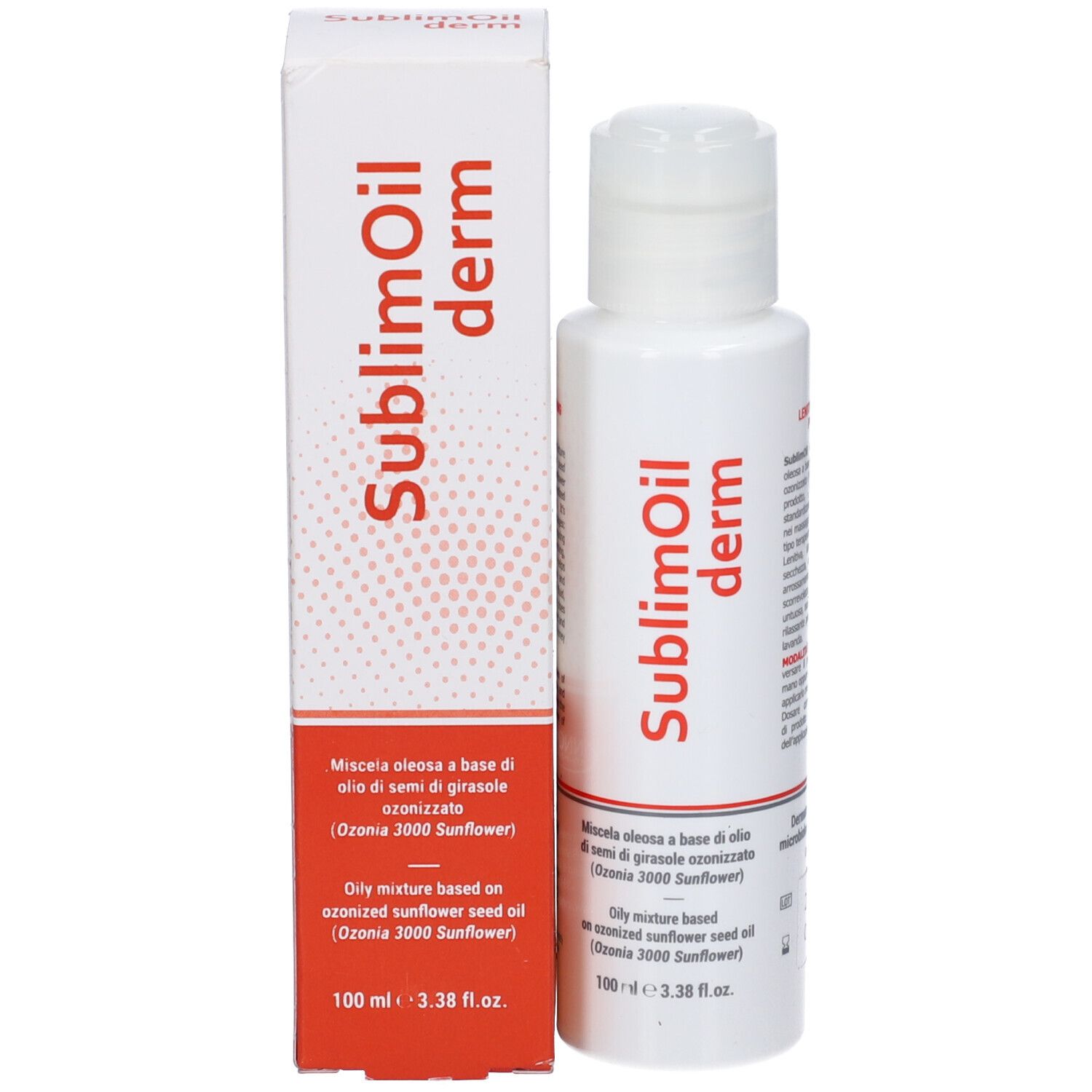 Flacone bianco con scritta rossa SublimOil derm e confezione. Miscela oleosa.