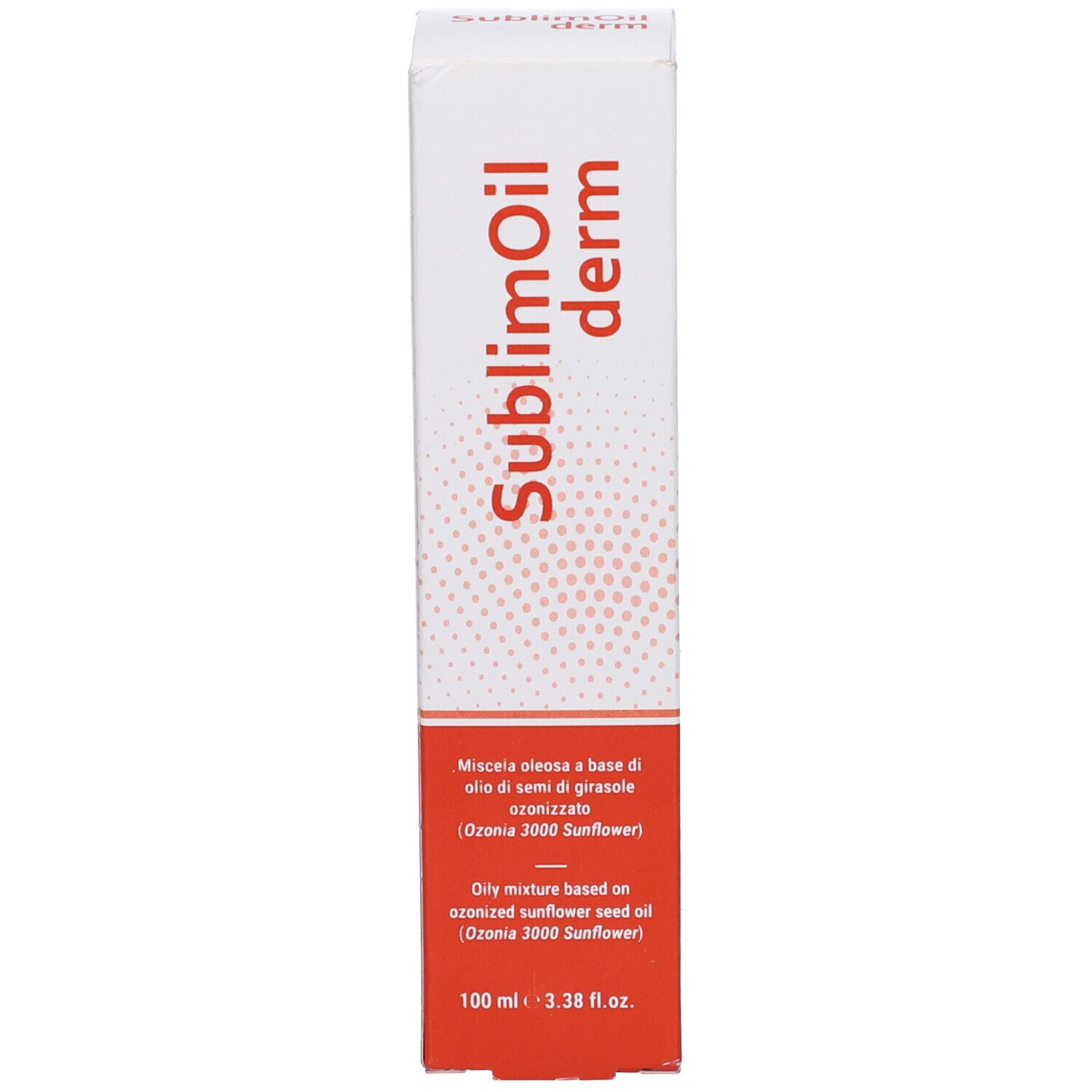 Confezione alta e stretta con scritta rossa SublimOil derm. Miscela oleosa.