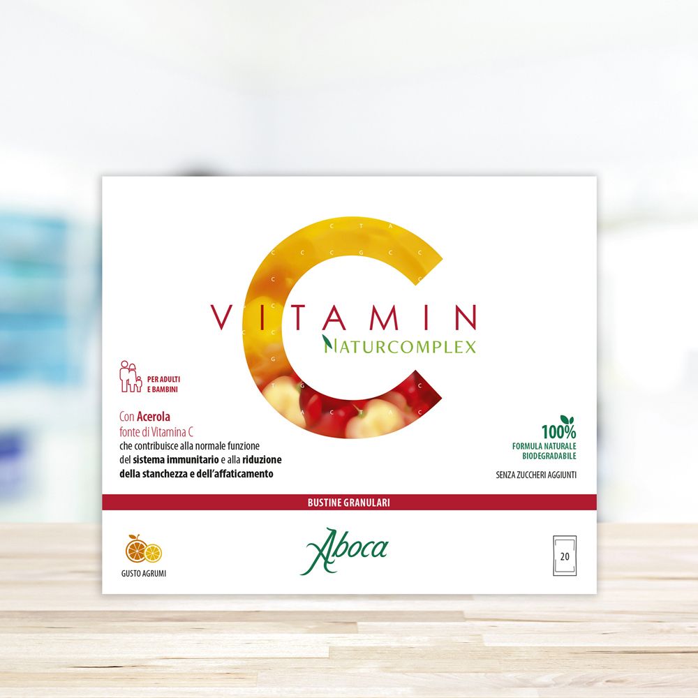 Confezione Vitamin C Naturcomplex. Bianca, C gialla. Marchio Aboca. 20 bustine. Senza zuccheri aggiunti.