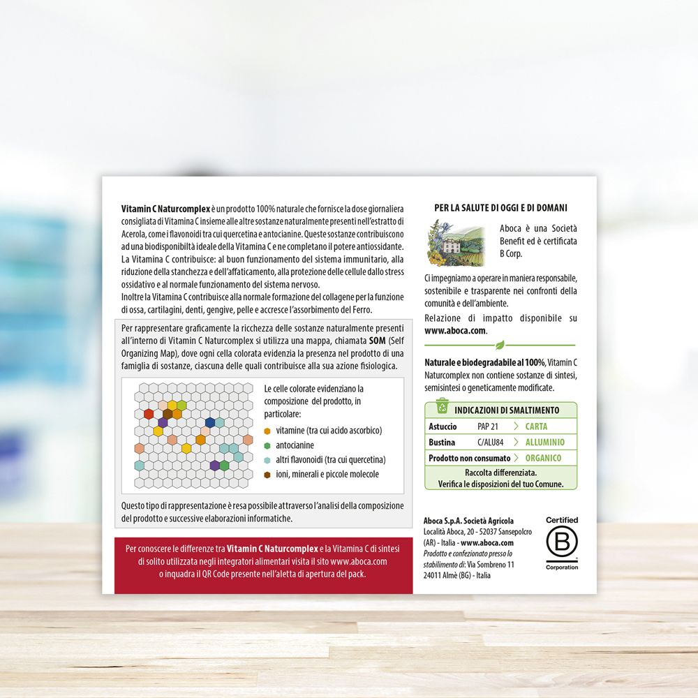 Retro della confezione Vitamin C Naturcomplex. Informazioni e certificazione. Marchio Aboca.