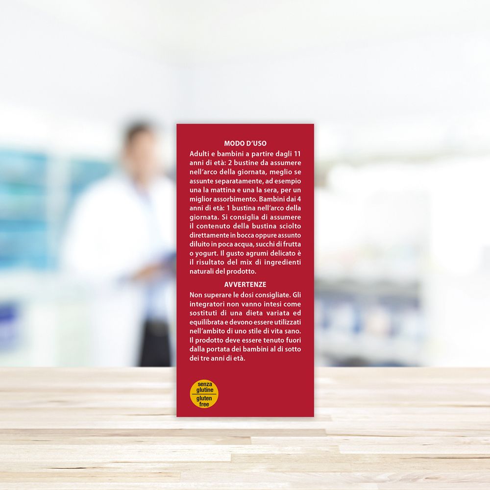 Retro della confezione. Modo d'uso Vitamin C Naturcomplex. Senza glutine.