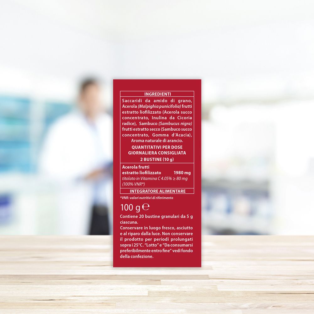 Confezione Vitamin C Naturcomplex. Bianca, C gialla. Marchio Aboca. 100g. 20 bustine.