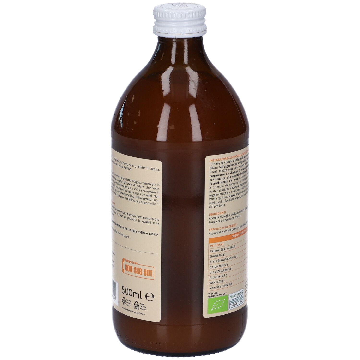 Bottiglia di Succo Salugea Bio Acerola con indicazione 500ml sull'etichetta. Vista posteriore.