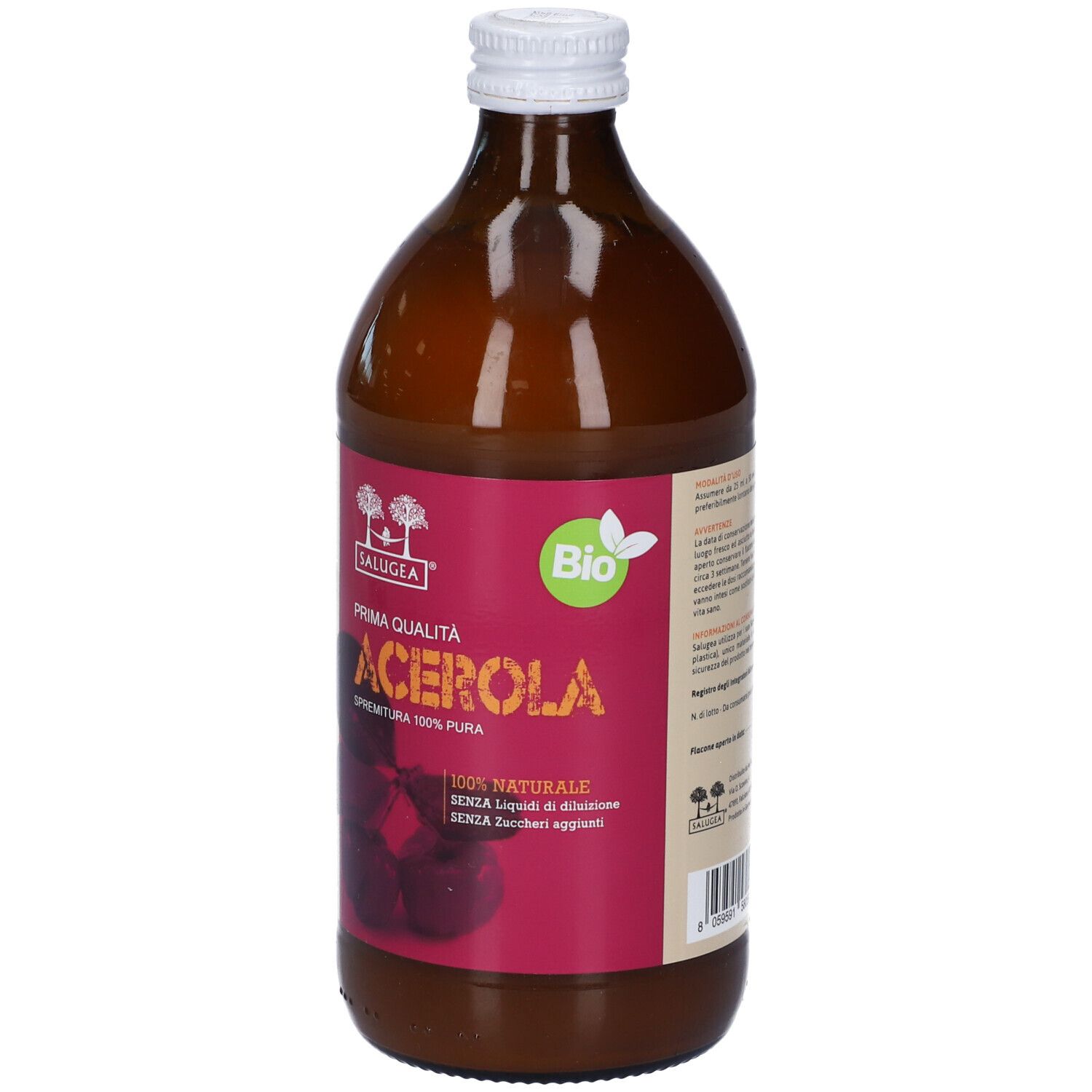 Bottiglia di Succo Salugea Bio Acerola. Etichetta con 'Prima Qualità' e '100% Pura'.