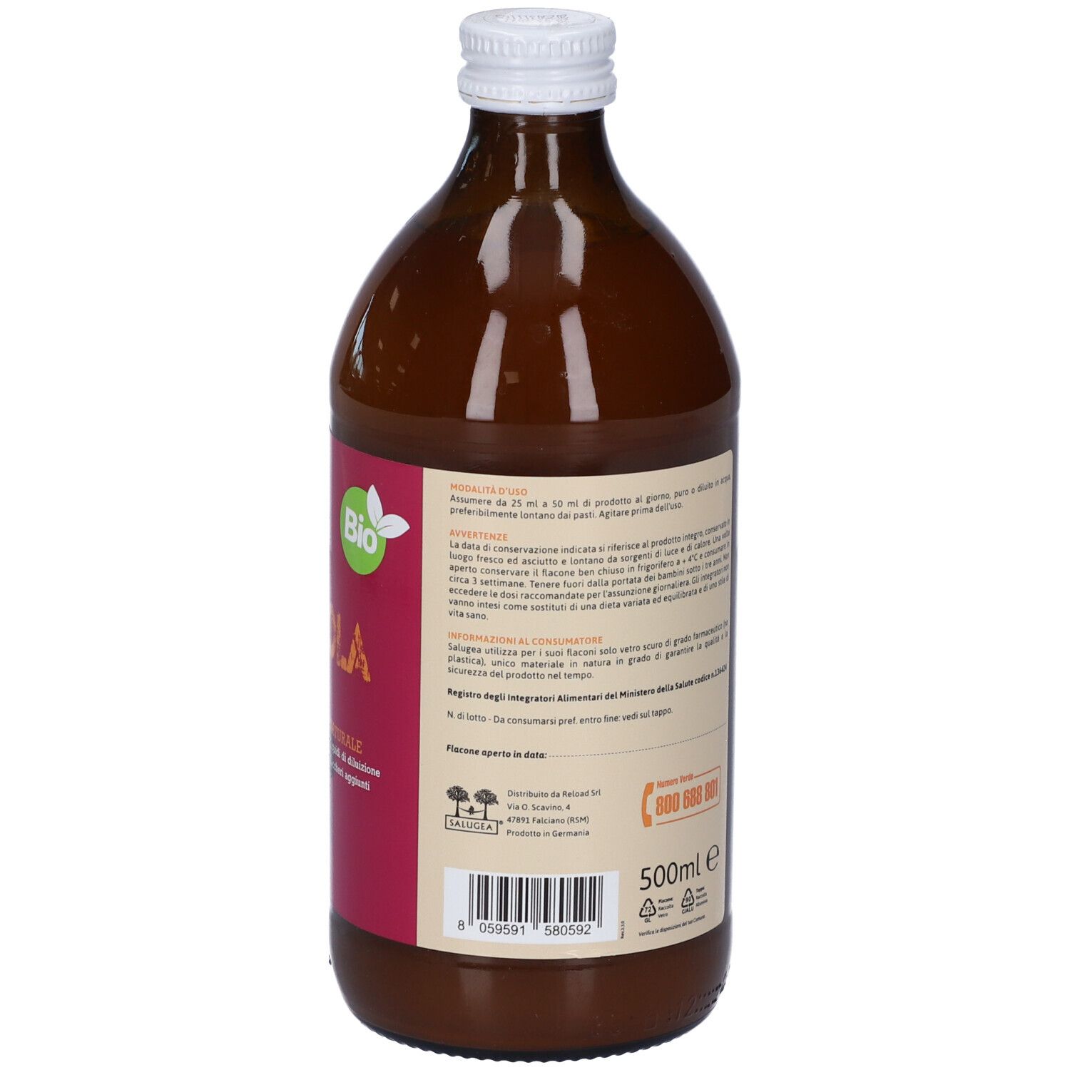 Bottiglia di Succo Salugea Bio Acerola. Etichetta con logo bio e indicazioni d'uso.