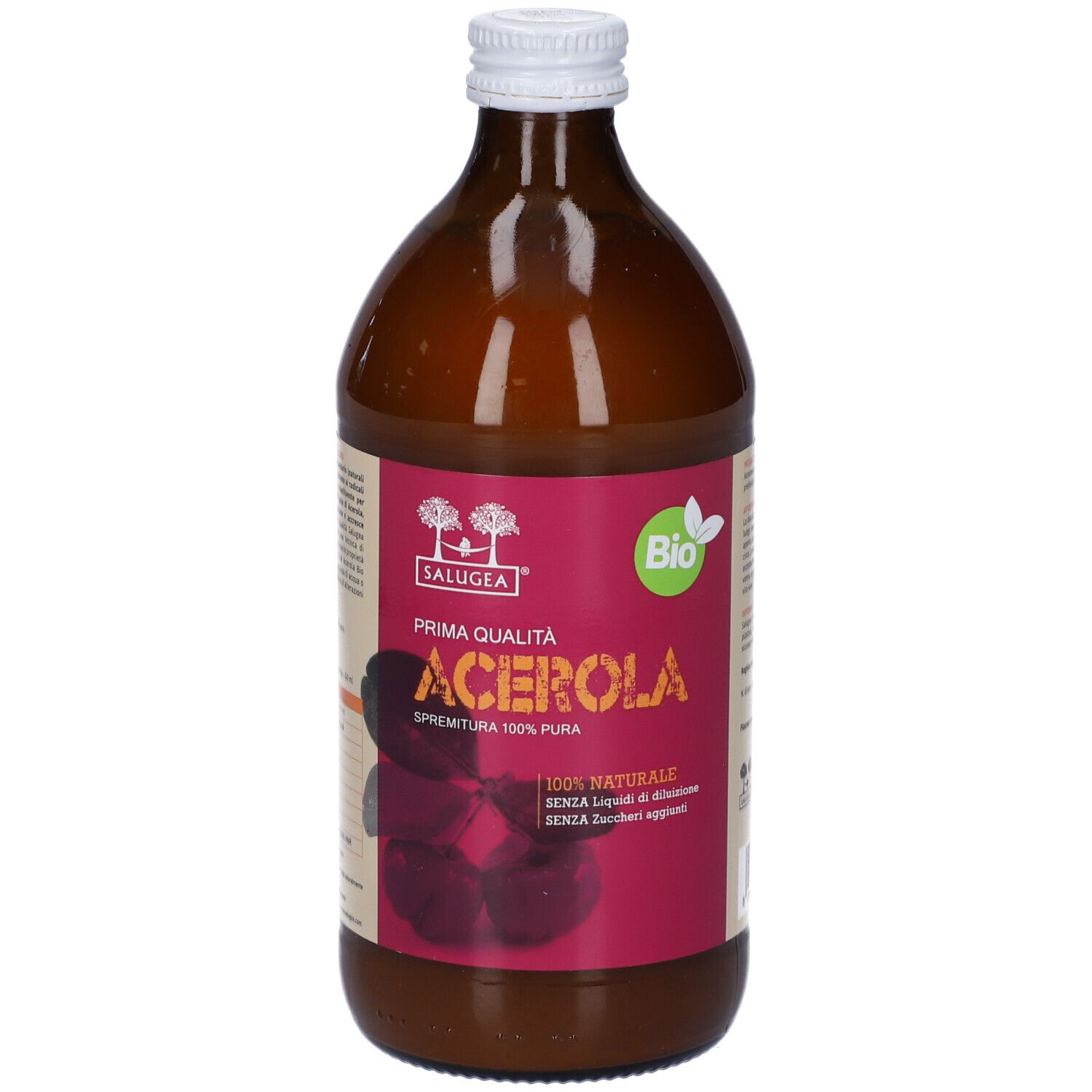 Bottiglia di Succo Salugea Bio Acerola. Etichetta con 'Prima Qualità', '100% Pura' e marchio bio.