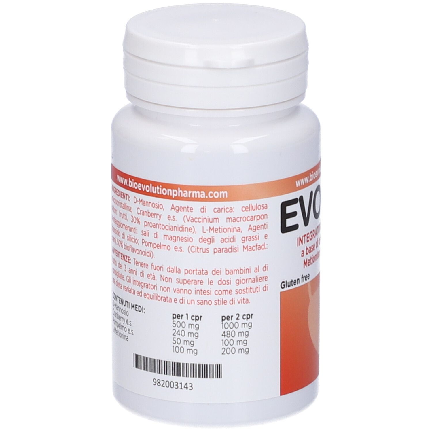 Retro del flacone bianco. Contiene informazioni sugli ingredienti e il dosaggio. Codice a barre in basso.