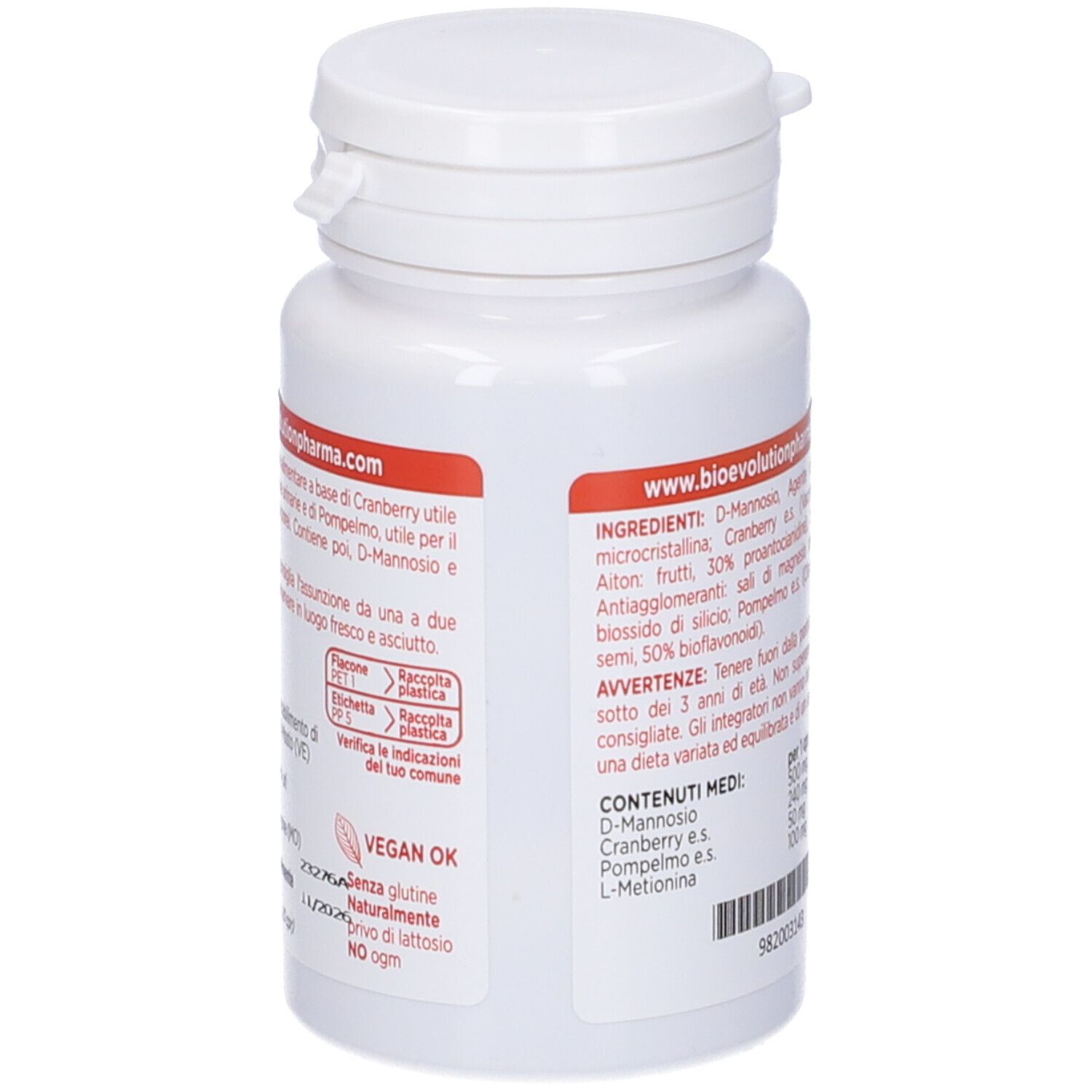 Retro del flacone bianco. Contiene informazioni sugli ingredienti e le avvertenze. Vegan OK.