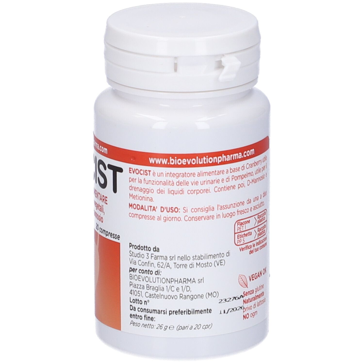 Flacone bianco con etichetta EVOCIST. Contiene informazioni sull'uso e l'indirizzo del produttore.