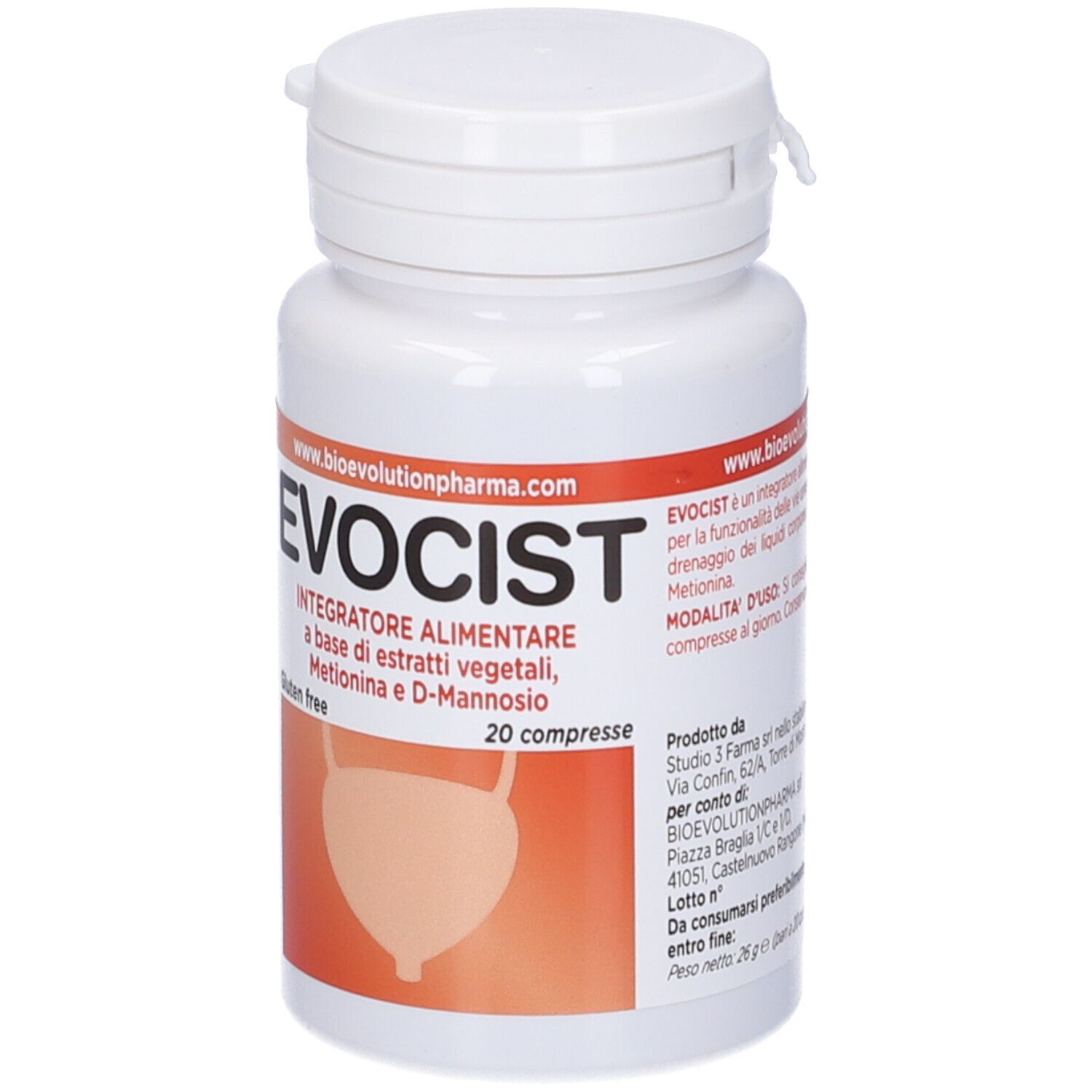 Flacone bianco con etichetta EVOCIST. Contiene 20 compresse. Senza glutine. Illustrazione della vescica.