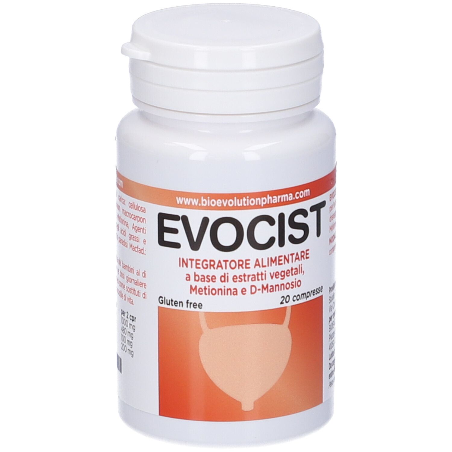 Flacone bianco con etichetta EVOCIST. Contiene 20 compresse. Senza glutine. Illustrazione della vescica.