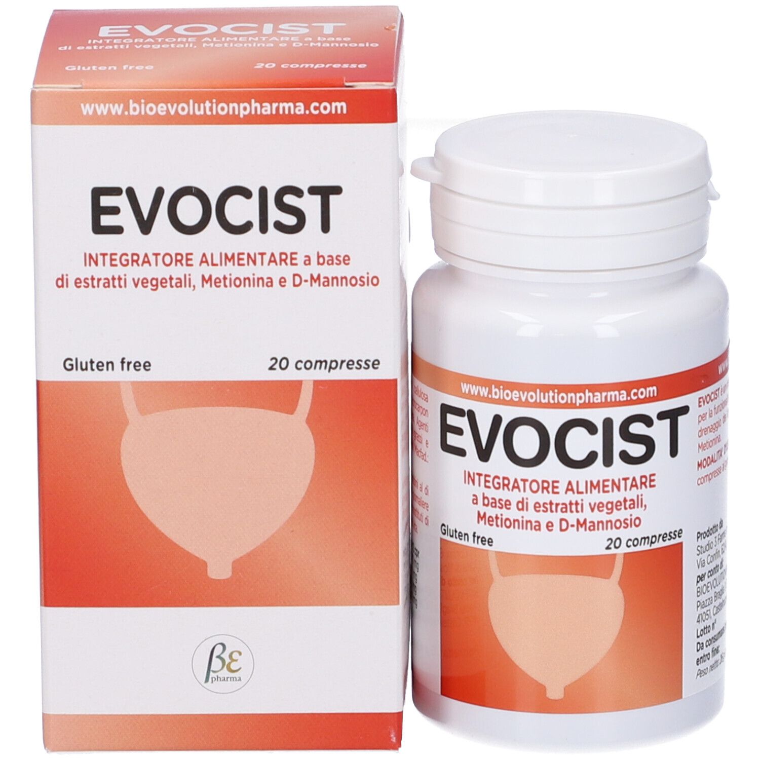 Flacone bianco e scatola con etichetta EVOCIST. Contiene 20 compresse. Senza glutine. Illustrazione della vescica.
