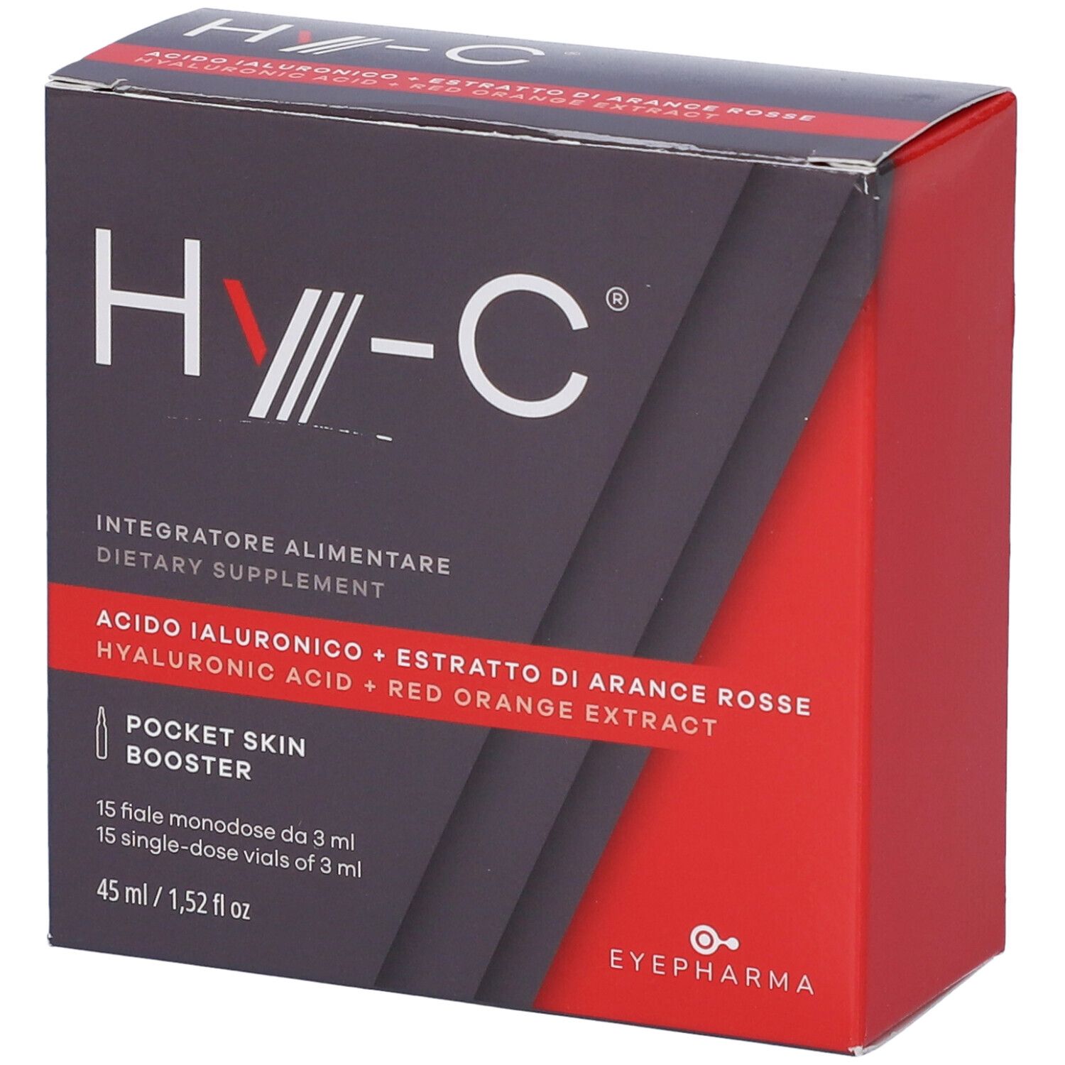 Confezione Hy-C, rossa e grigia. Contiene 15 fiale monodose. Scritto: Pocket Skin Booster.