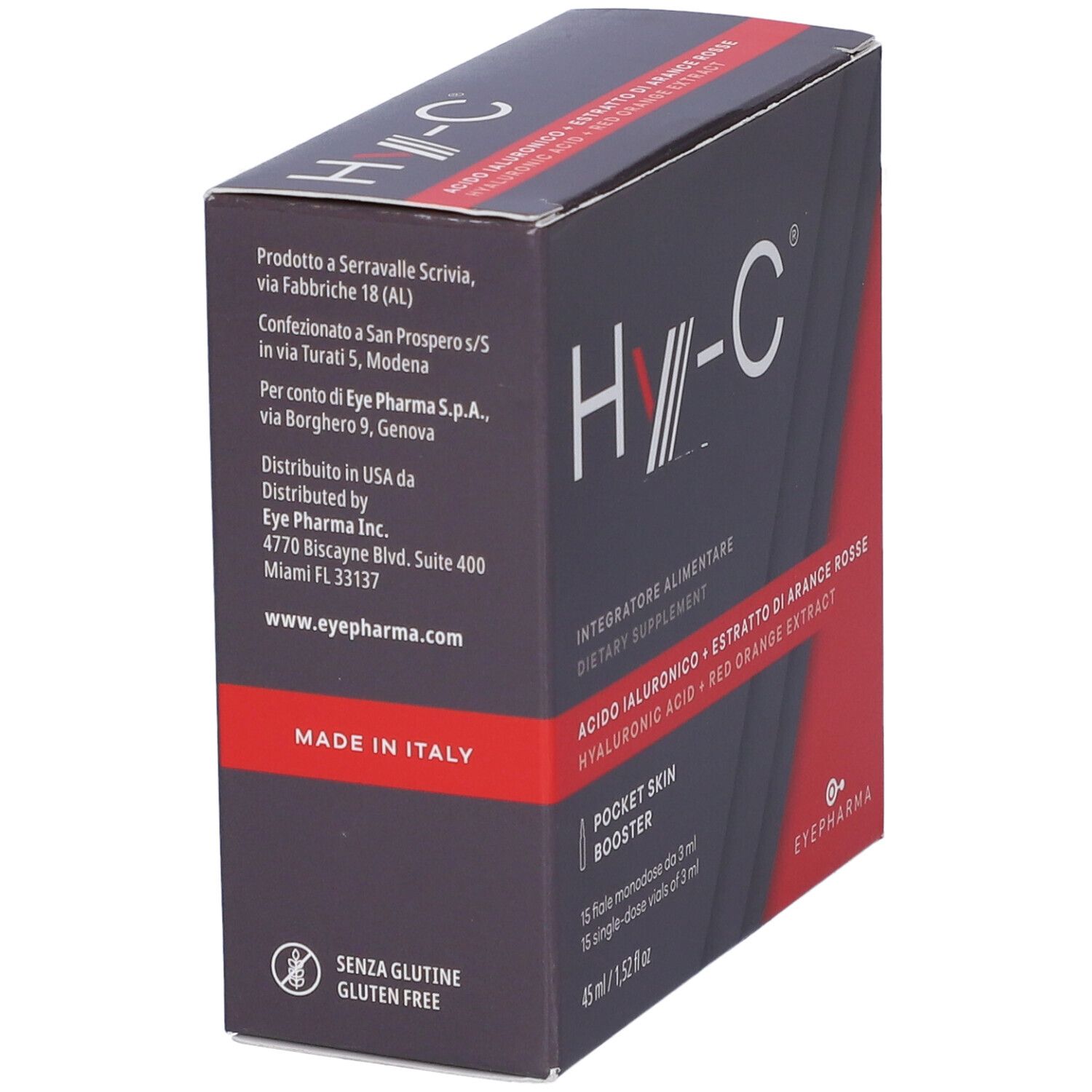 Confezione Hy-C, rossa e grigia. Contiene 15 fiale monodose. Scritto: Pocket Skin Booster. Prodotto in Italia.