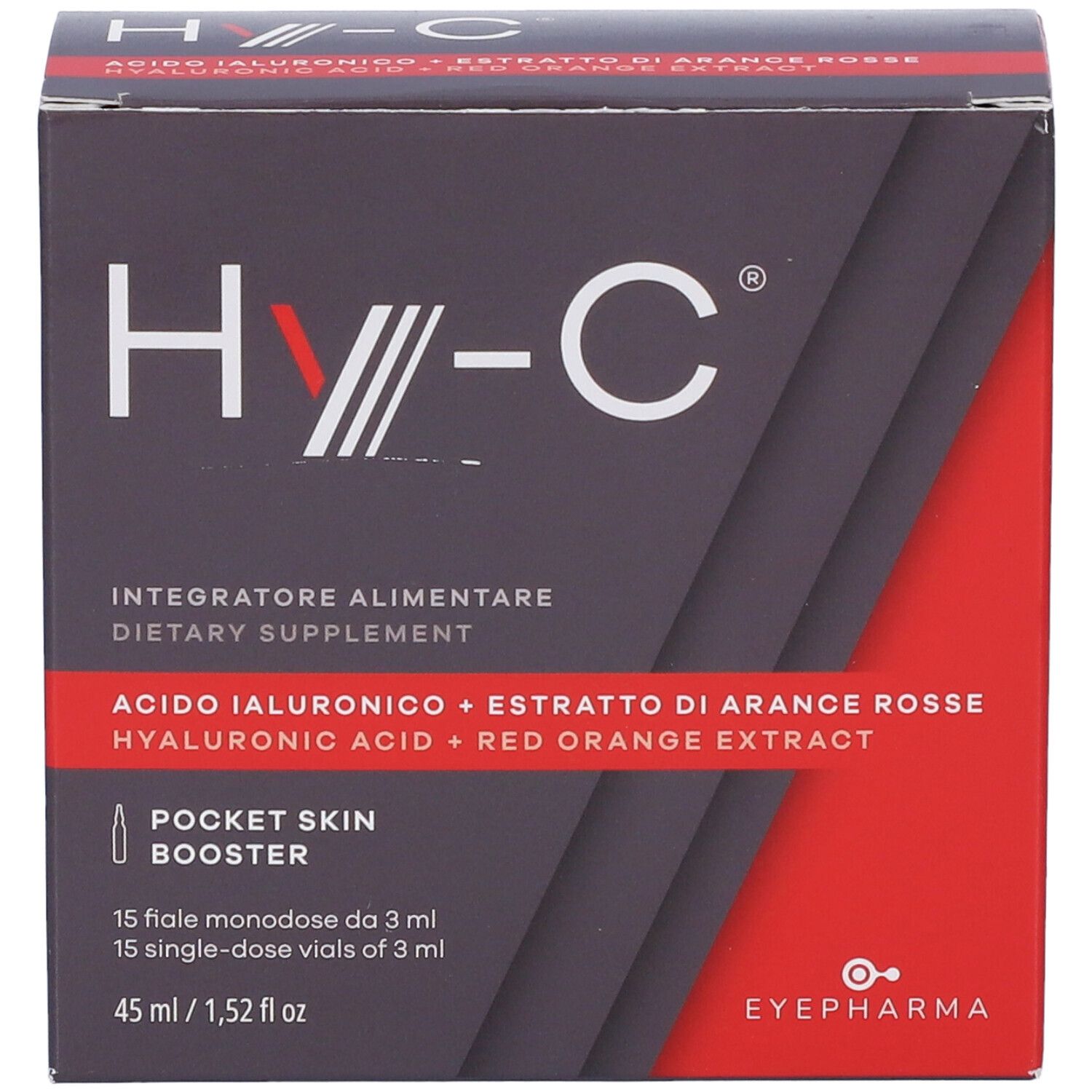 Confezione Hy-C, rossa e grigia. Contiene 15 fiale monodose. Scritto: Pocket Skin Booster.