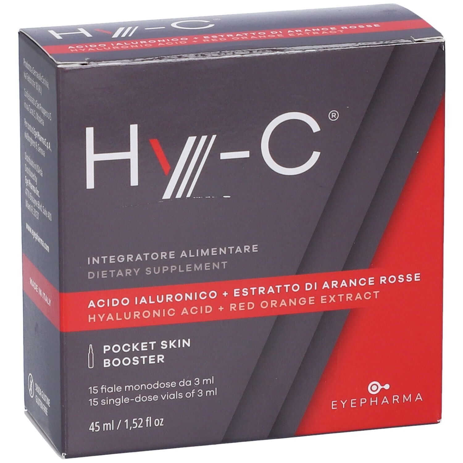 Confezione Hy-C, rossa e grigia. Contiene 15 fiale monodose. Scritto: Pocket Skin Booster.