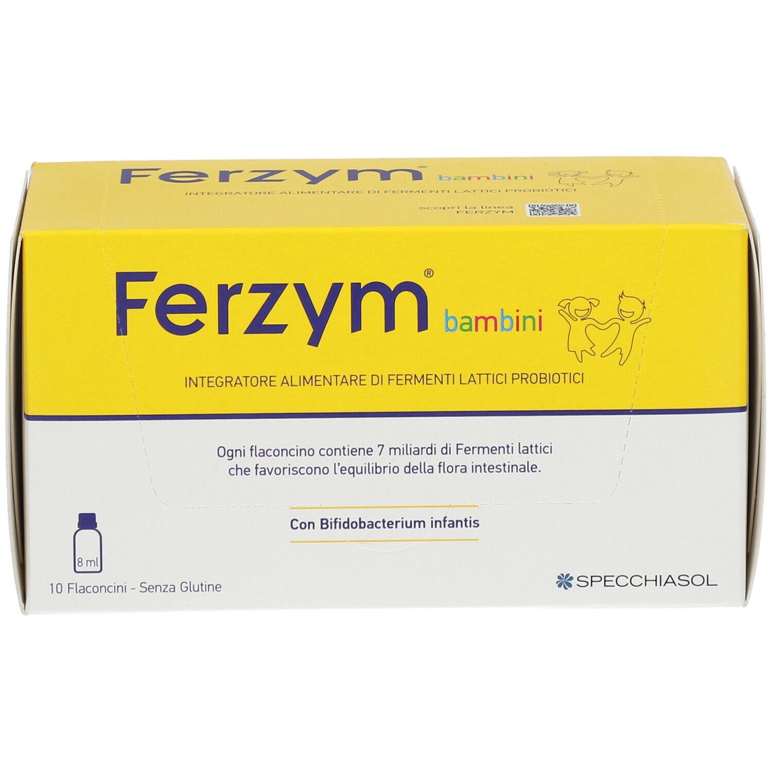 Scatola gialla "Ferzym bambini" con 10 flaconcini. Scritto: "Integratore alimentare di fermenti lattici probiotici". Logo Specchiasol.