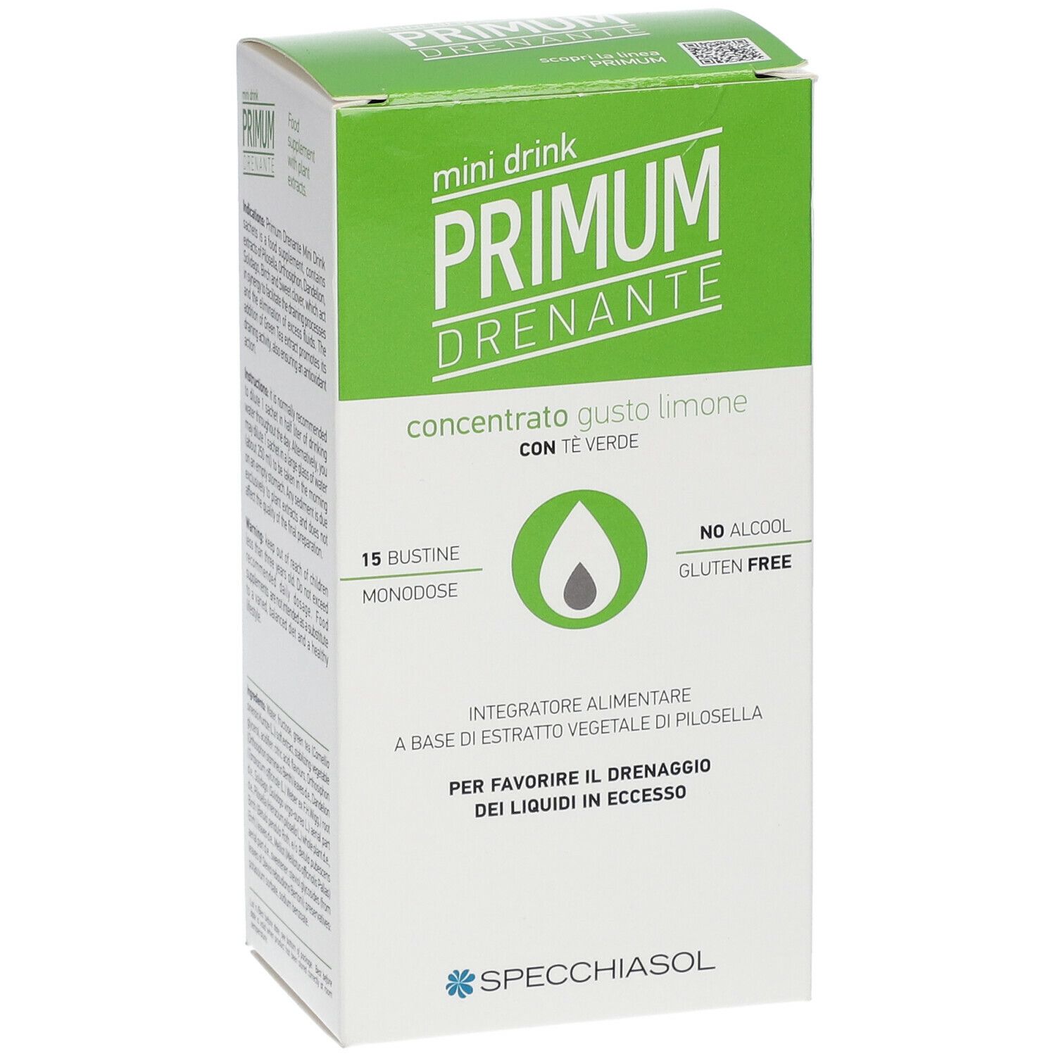 Fronte della confezione del prodotto. Scatola verde e bianca con nome e logo. Contiene 15 bustine.