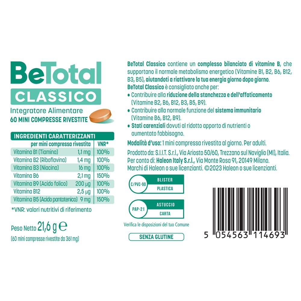 Retro della confezione BeTotal Classico. Contiene informazioni sugli ingredienti e l'uso.