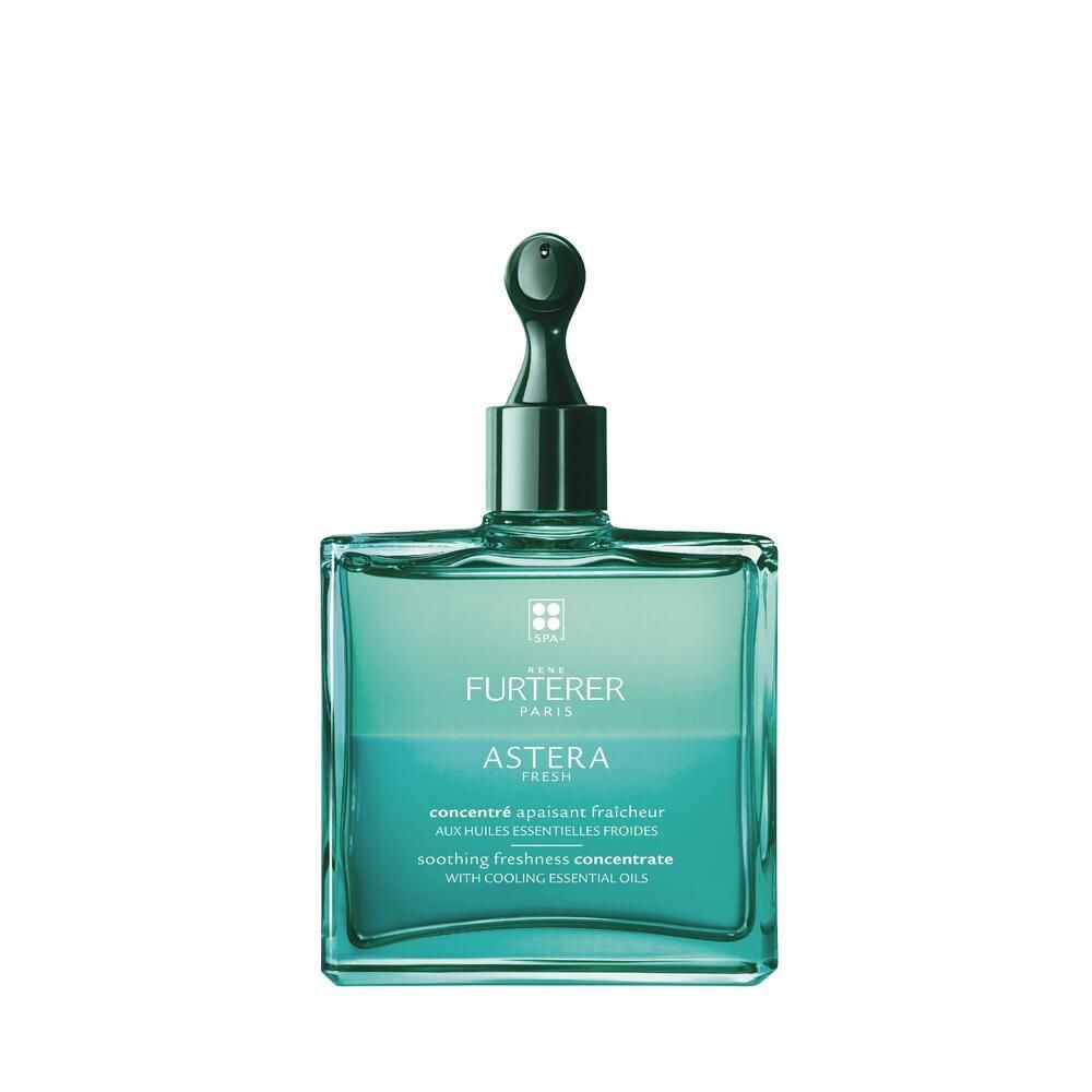 Flacone quadrato con tappo e applicatore verdi. Scritta: Astera Fresh, concentrato con oli essenziali.